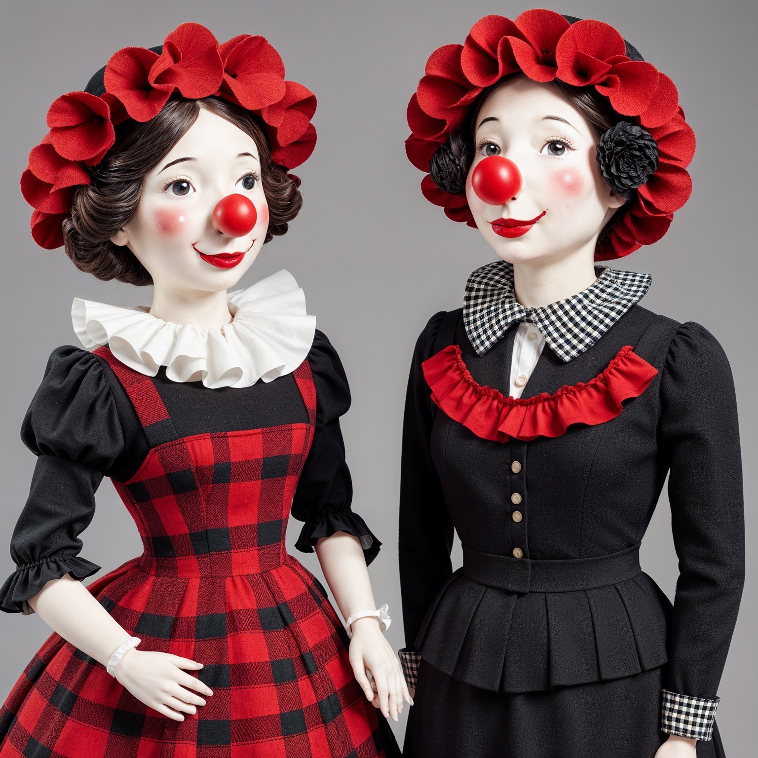 Whimsical Dolls with Clown Noses and Elegant Outfits