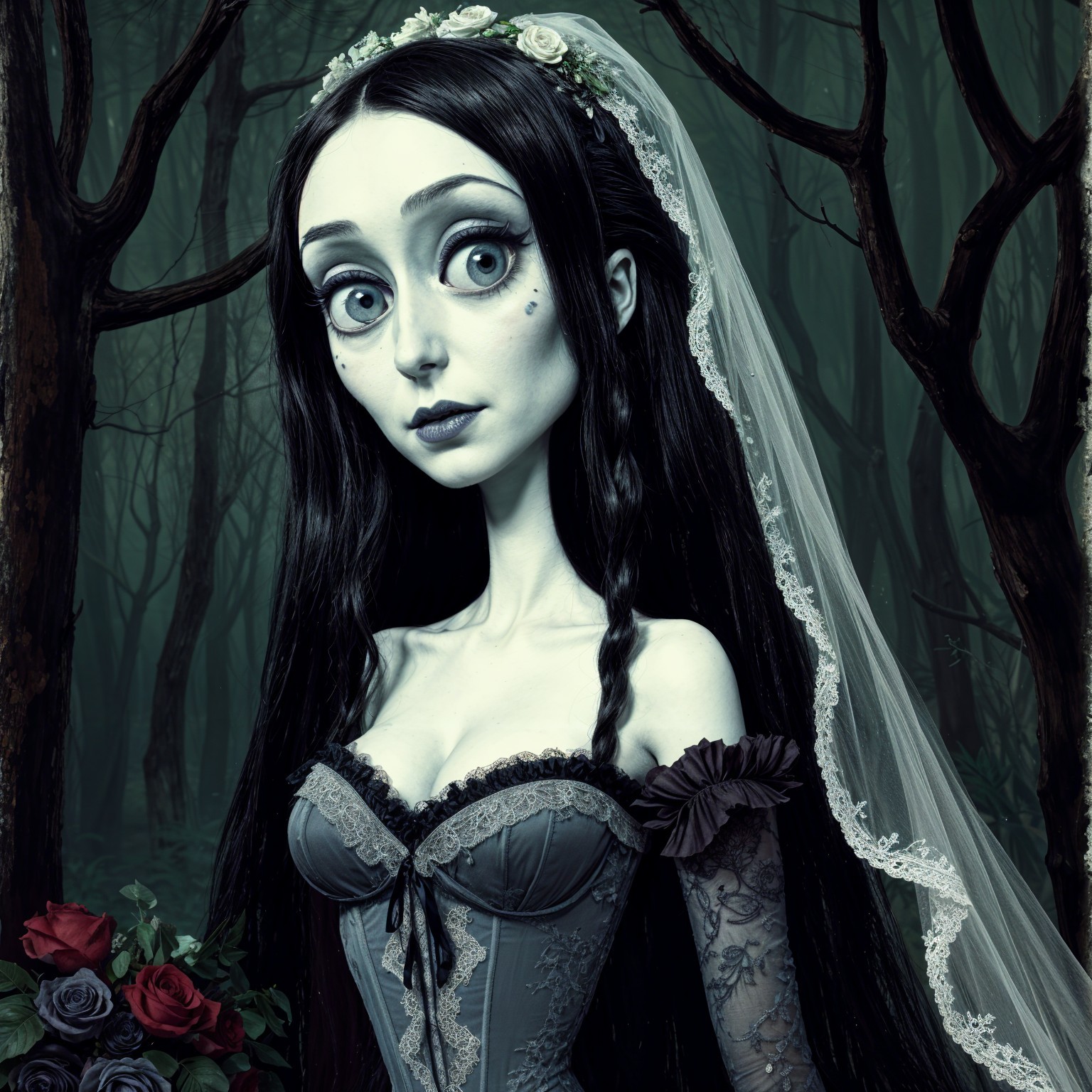 Pale Bride in Ethereal Forest with Red Roses
