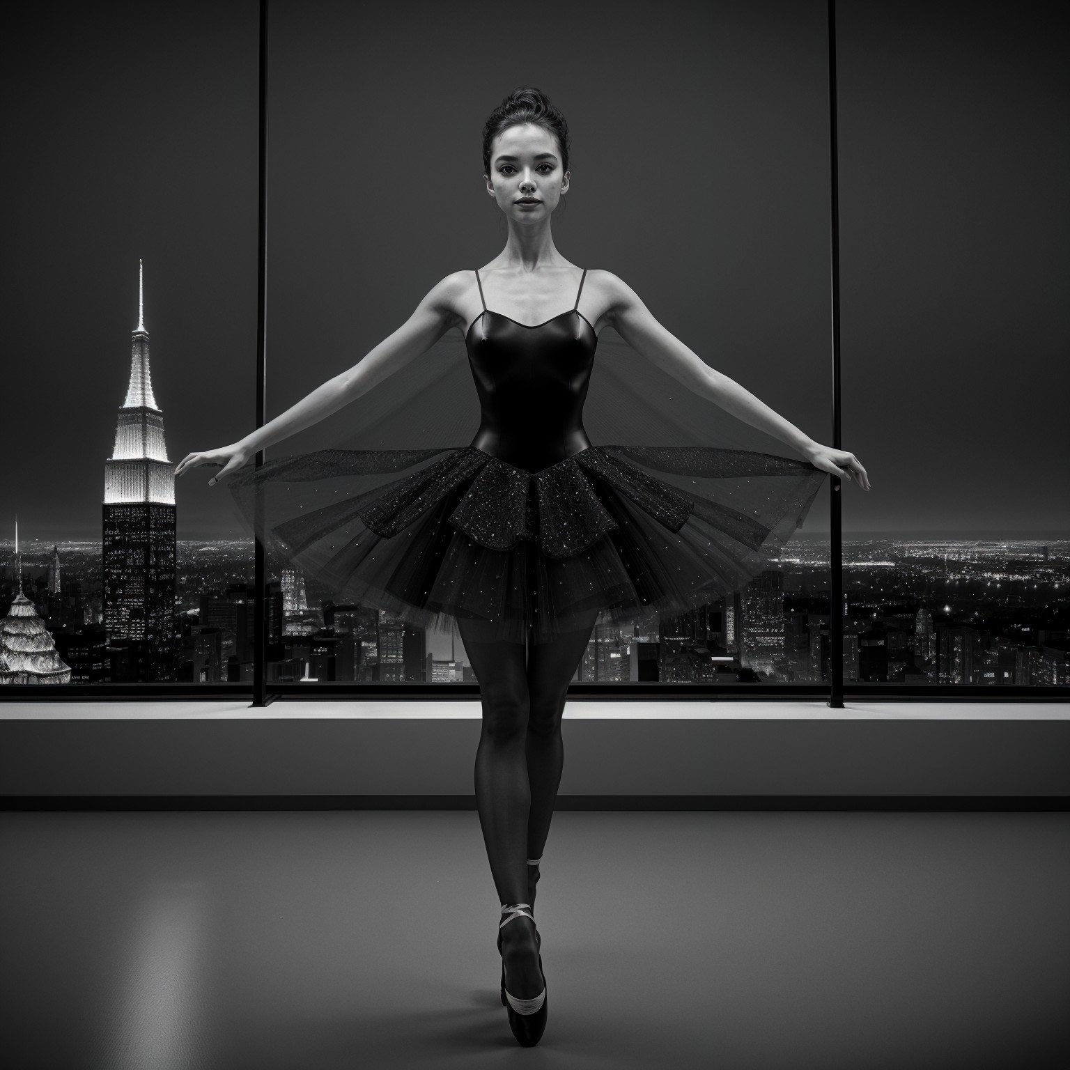 Ballerina in Black Tutu Against Nighttime Cityscape