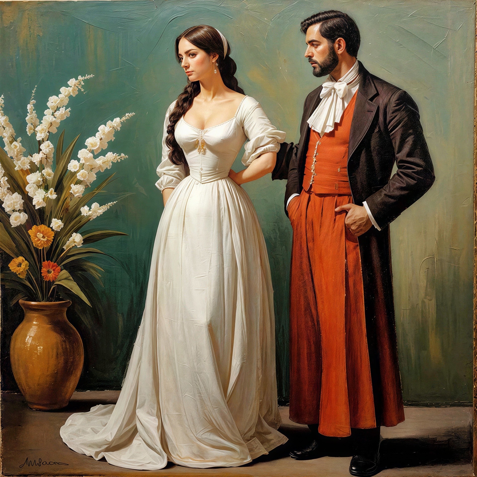 Oil Painting of Man and Woman in Traditional Attire