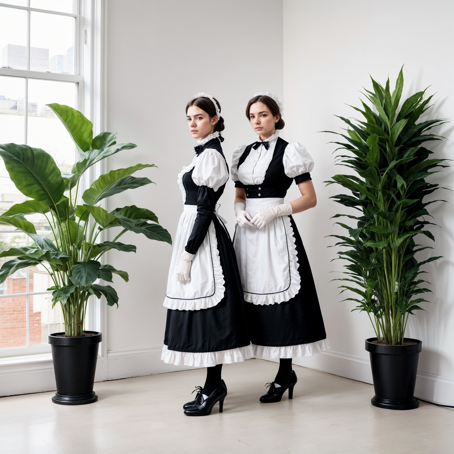 Women in Elegant Maid Outfits in Modern Room