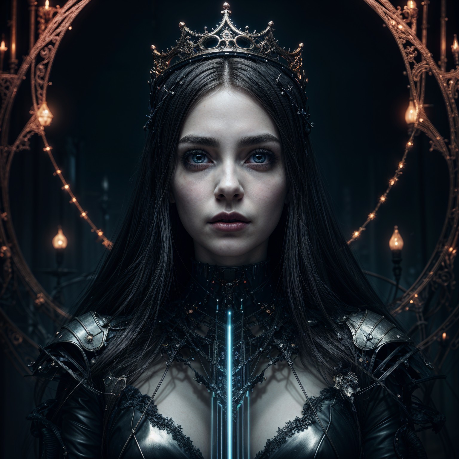 Gothic Woman in Dark Chamber with Candlelit Decor