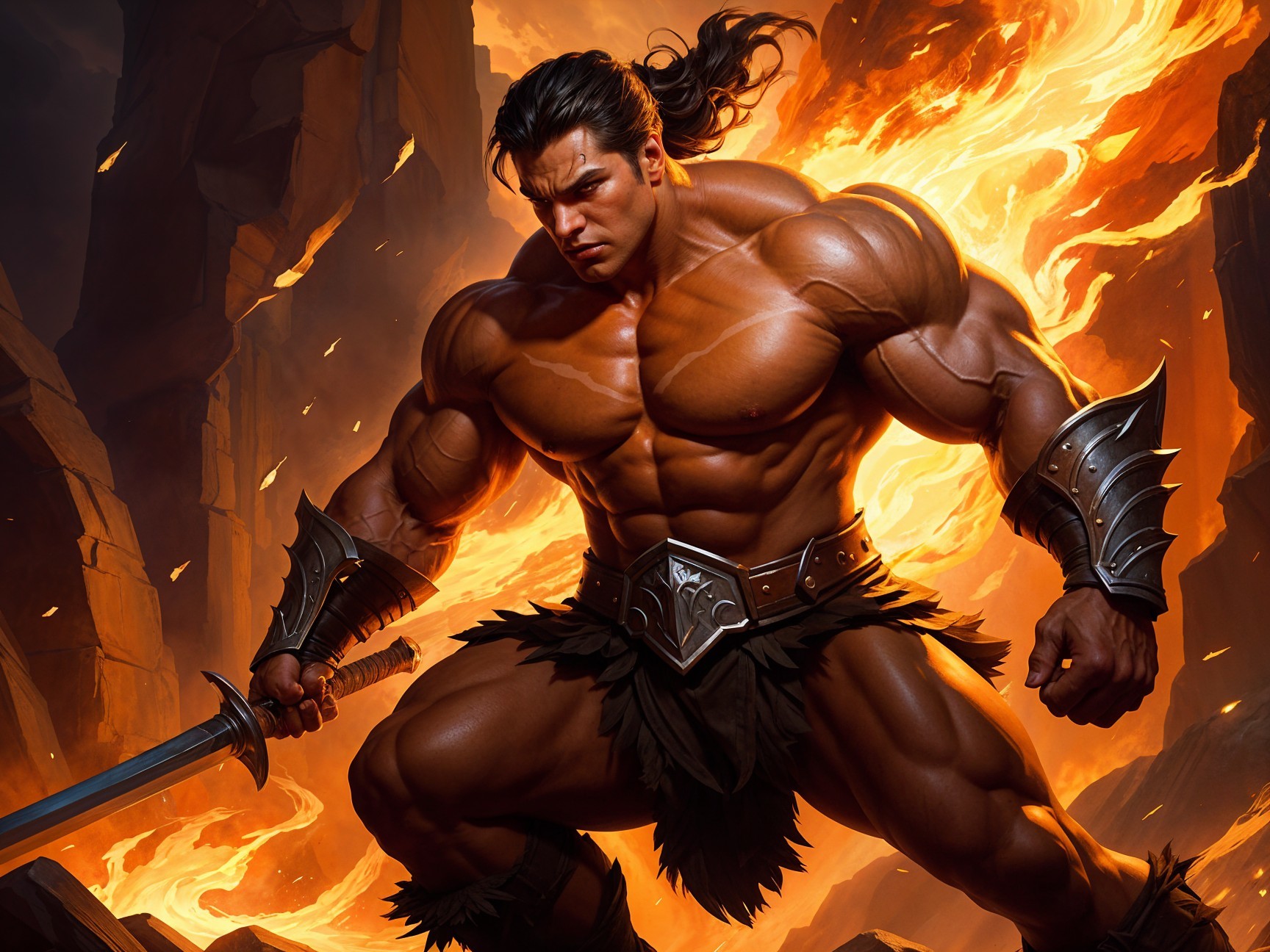 Muscular Warrior in Flames and Rocky Terrain