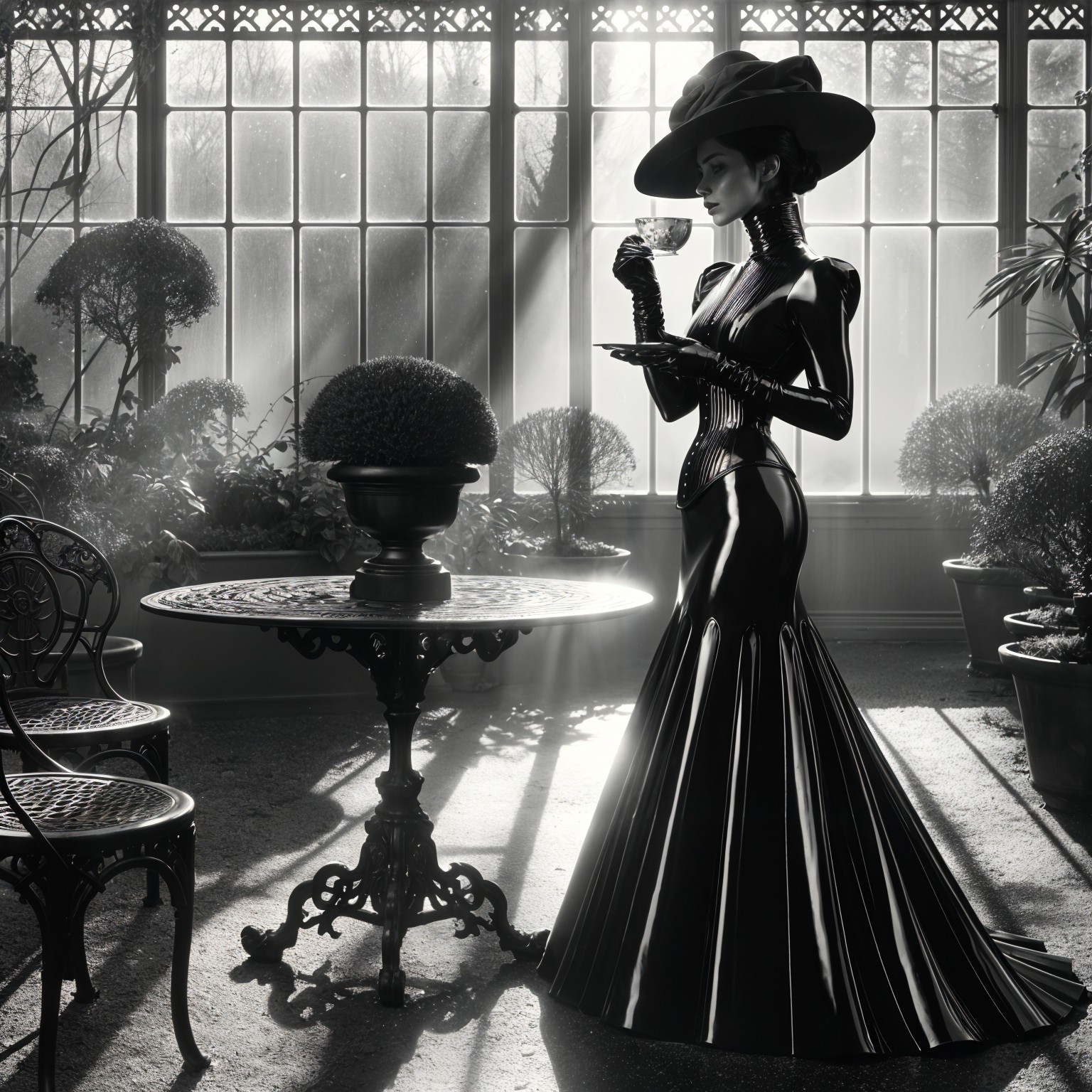 Elegant Woman in Black Latex Gown in Greenhouse
