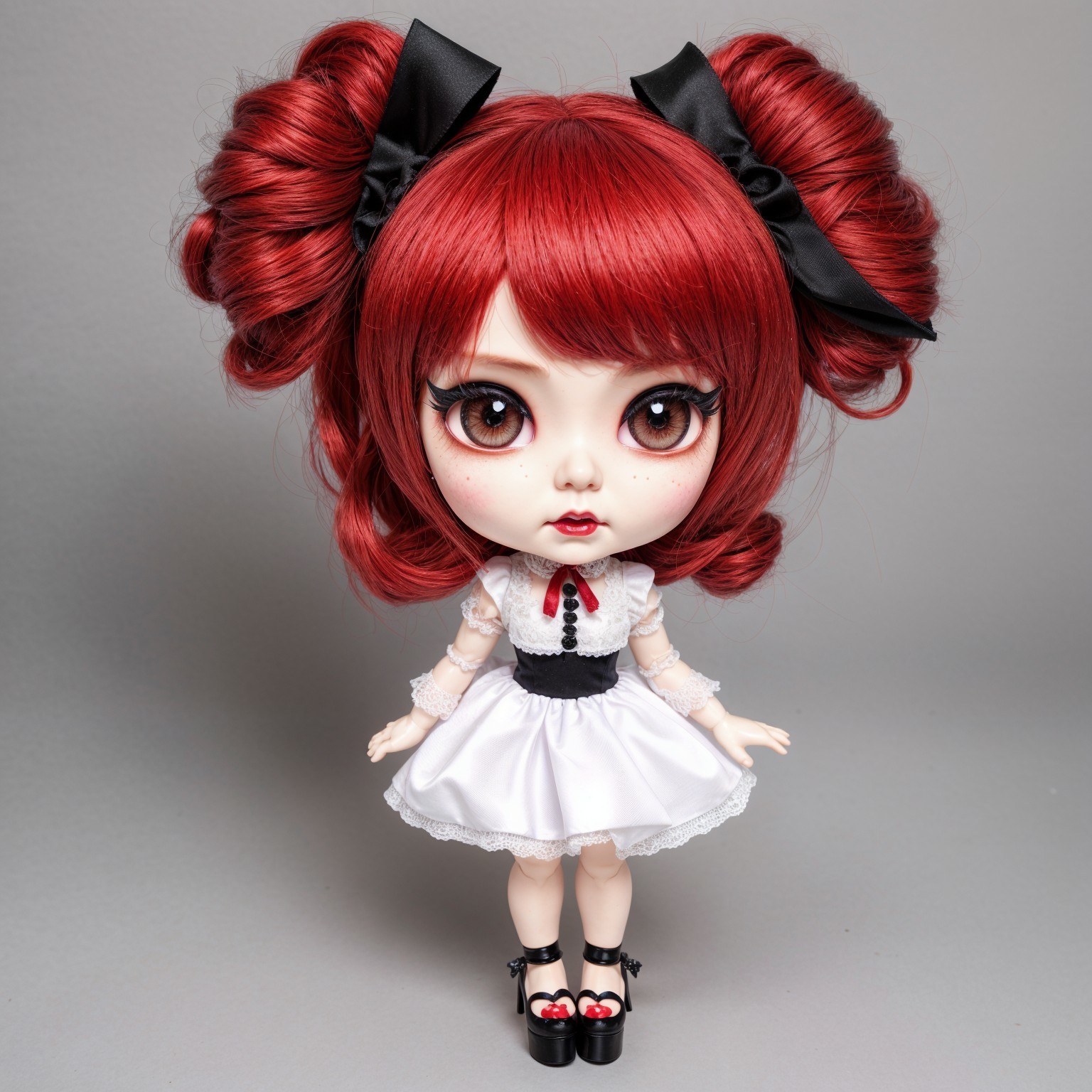 Charming doll with red pigtails and lace dress