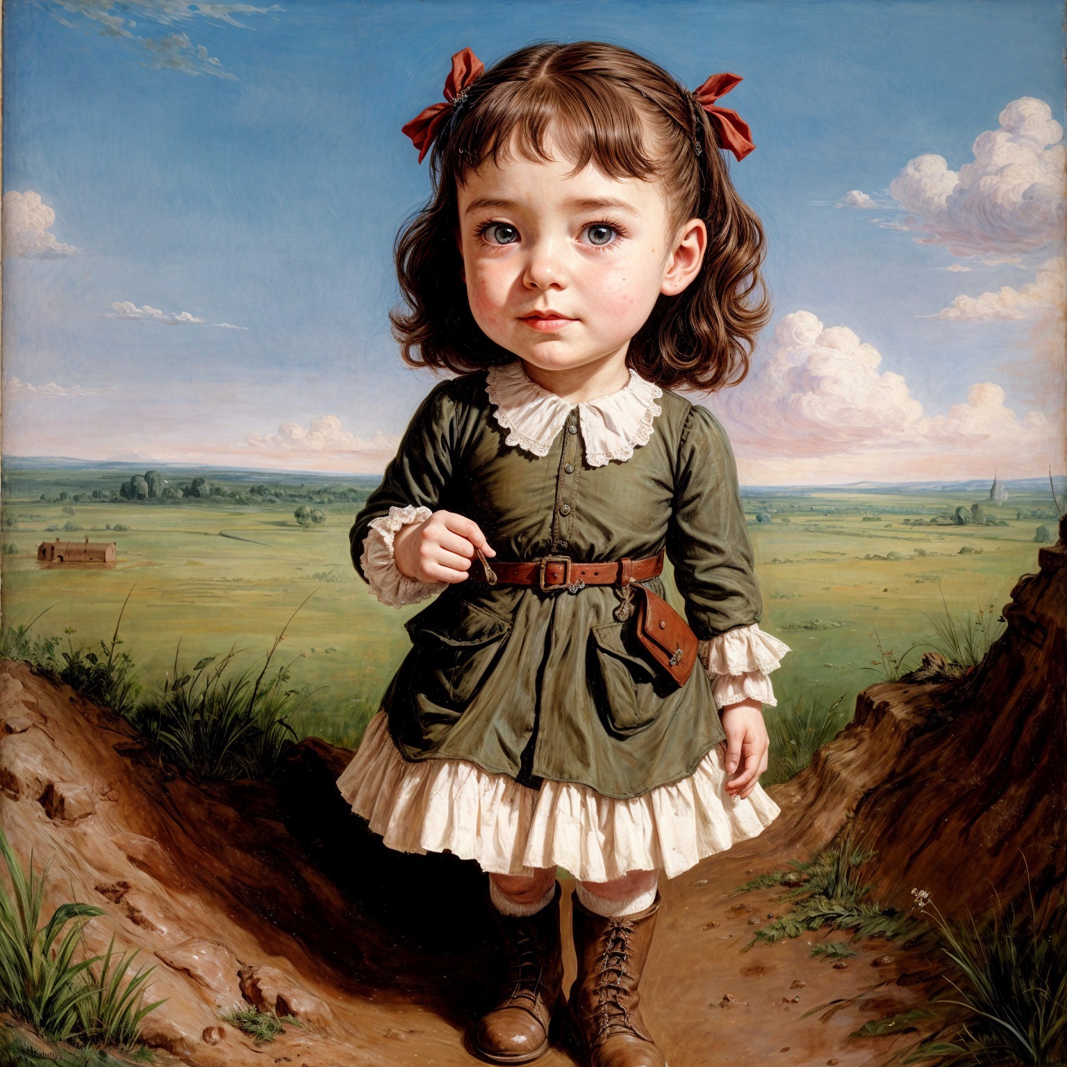 Young girl in vintage dress in picturesque landscape