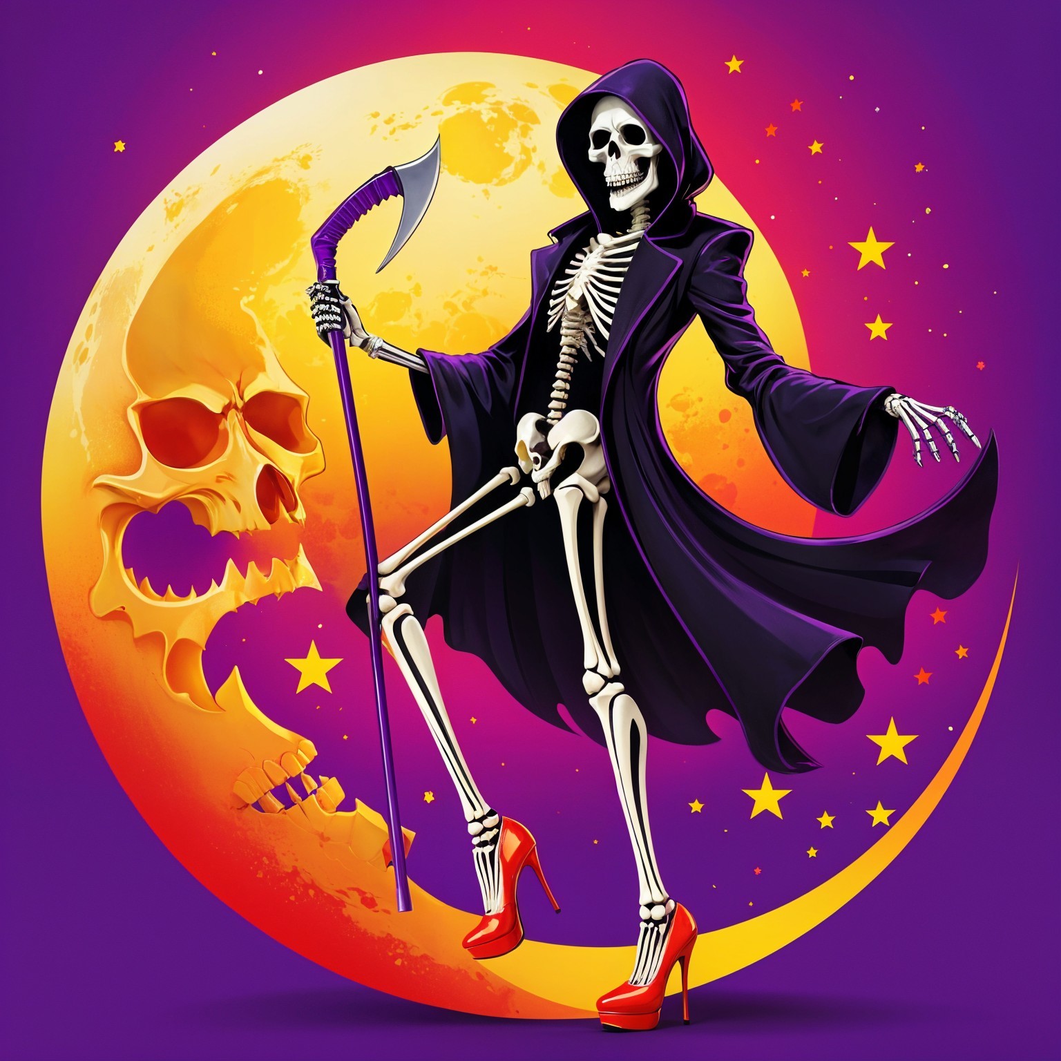 Playful Skeleton in Cloak with Scythe on Purple Background
