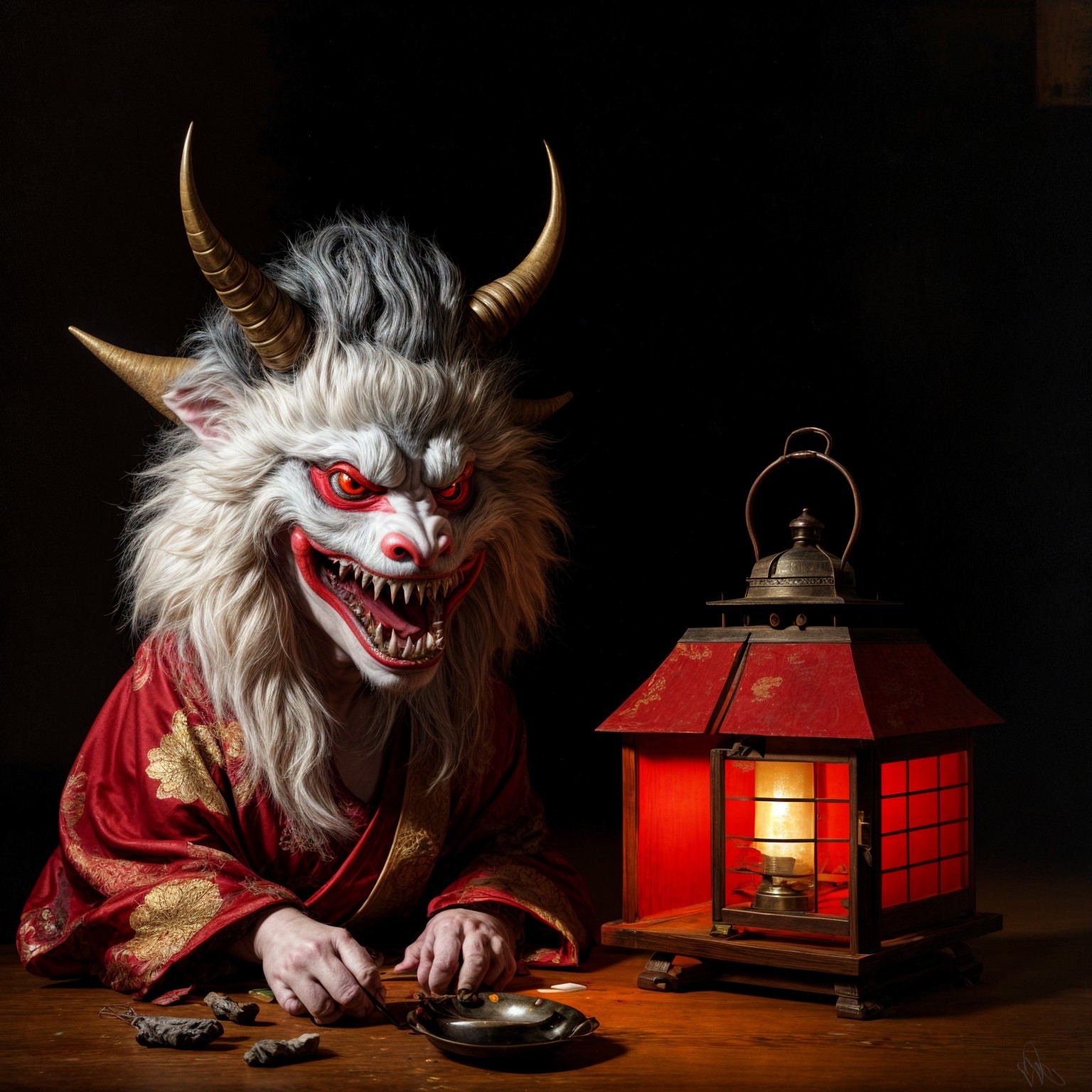 Demon Masked Figure in Red Kimono at Wooden Table