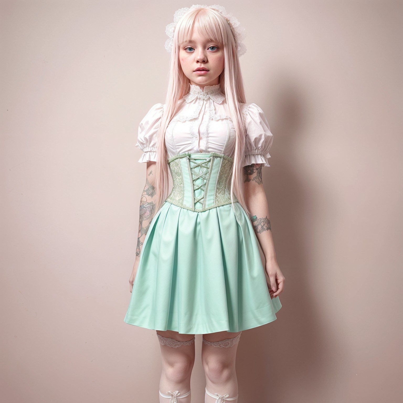 Young Woman in Pastel Mint Dress Against Pink Background