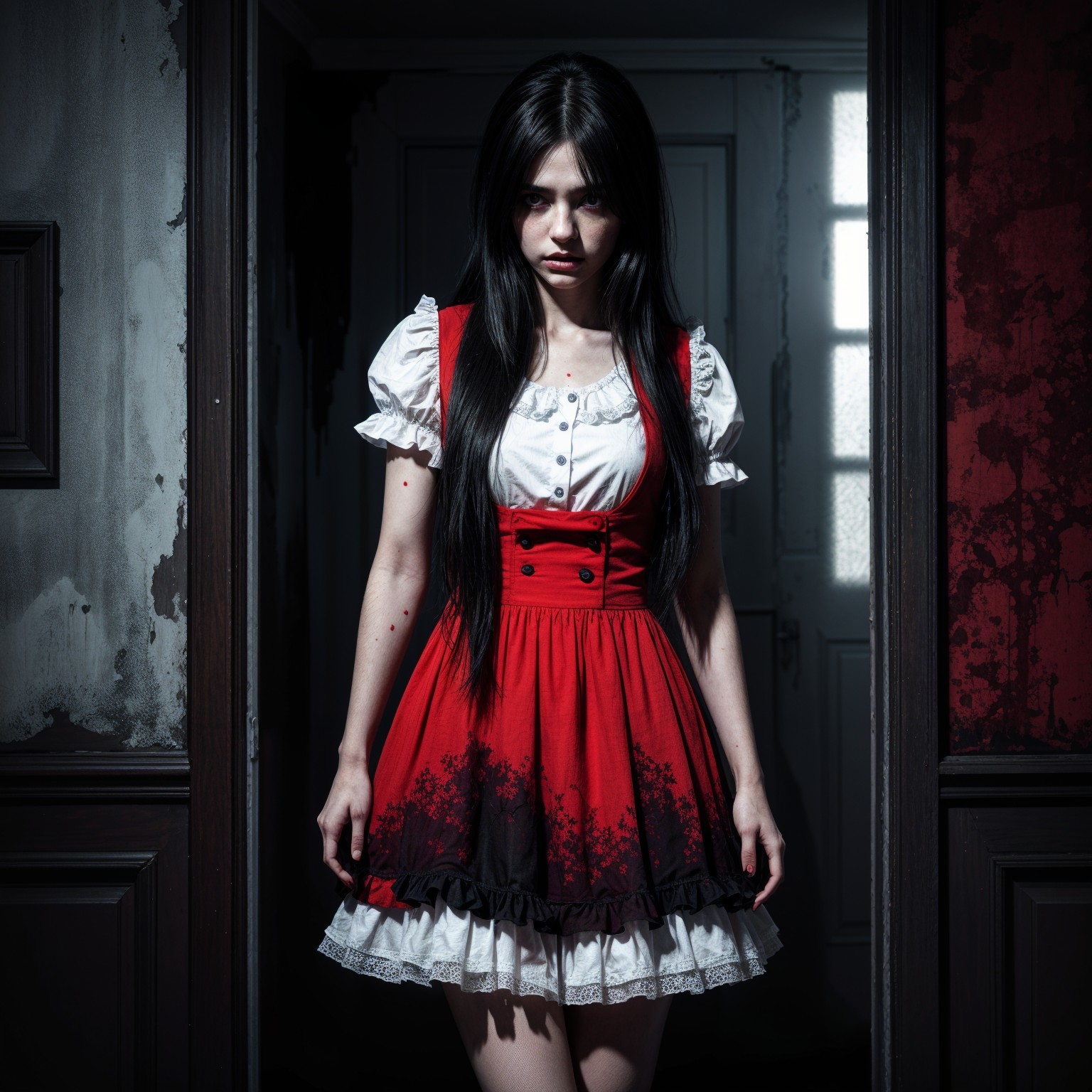 Young woman in eerie hallway with striking dress