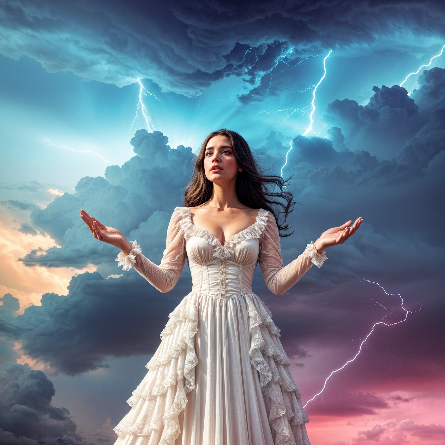 Woman in White Dress Amidst Dramatic Sky and Lightning