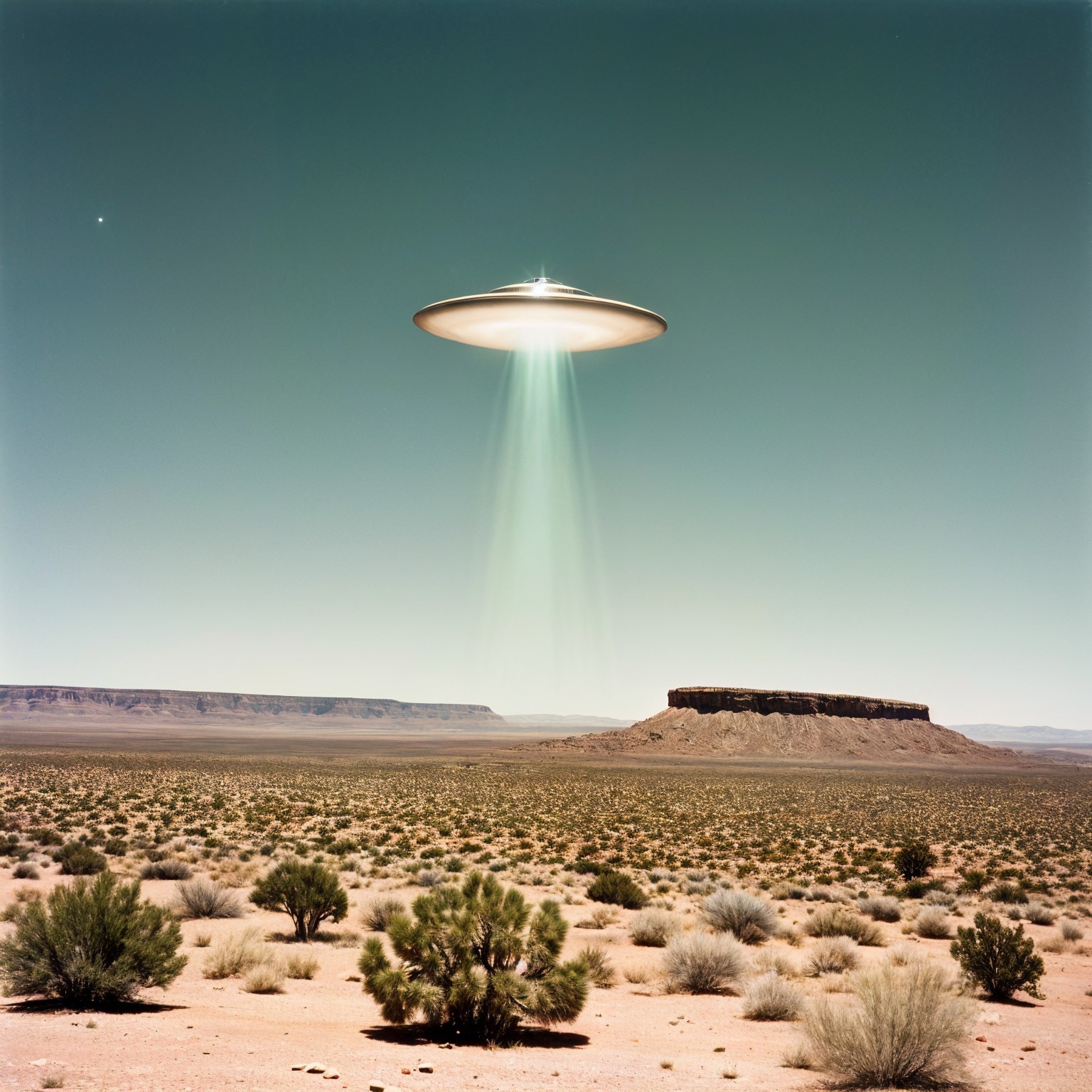 Metallic UFO Hovering Over Desert Landscape