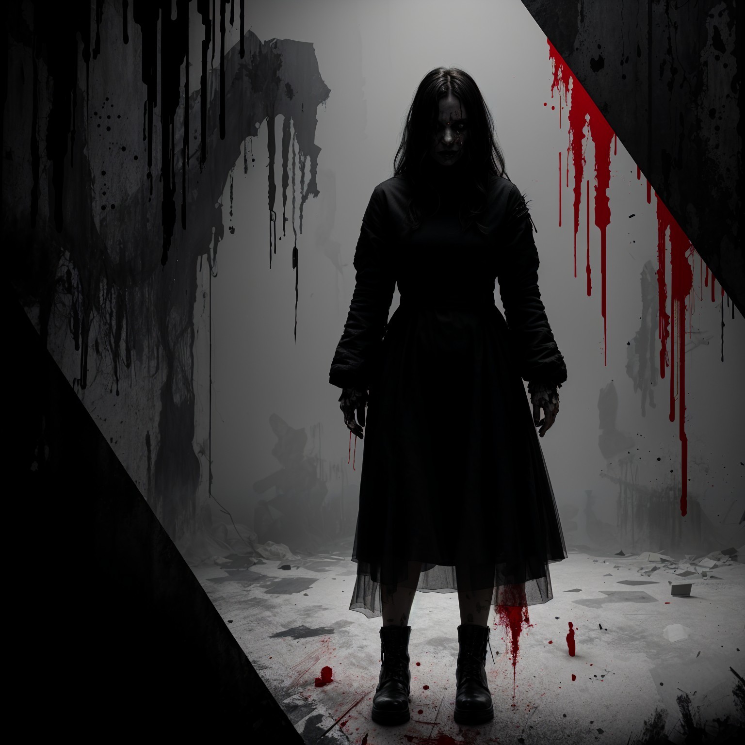 Eerie Figure in Dark Dress in Dimly Lit Space