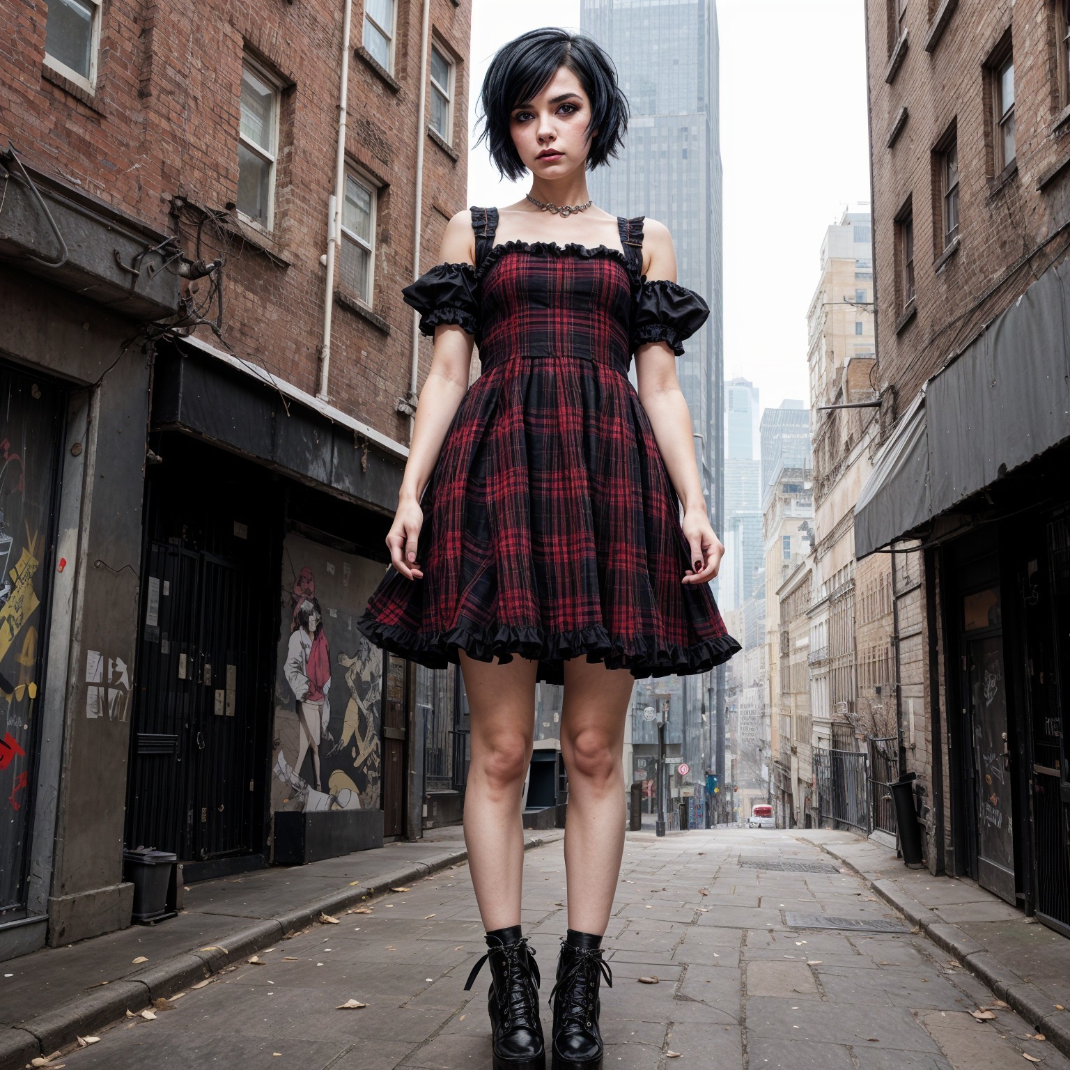 Young woman in plaid dress in urban alley setting