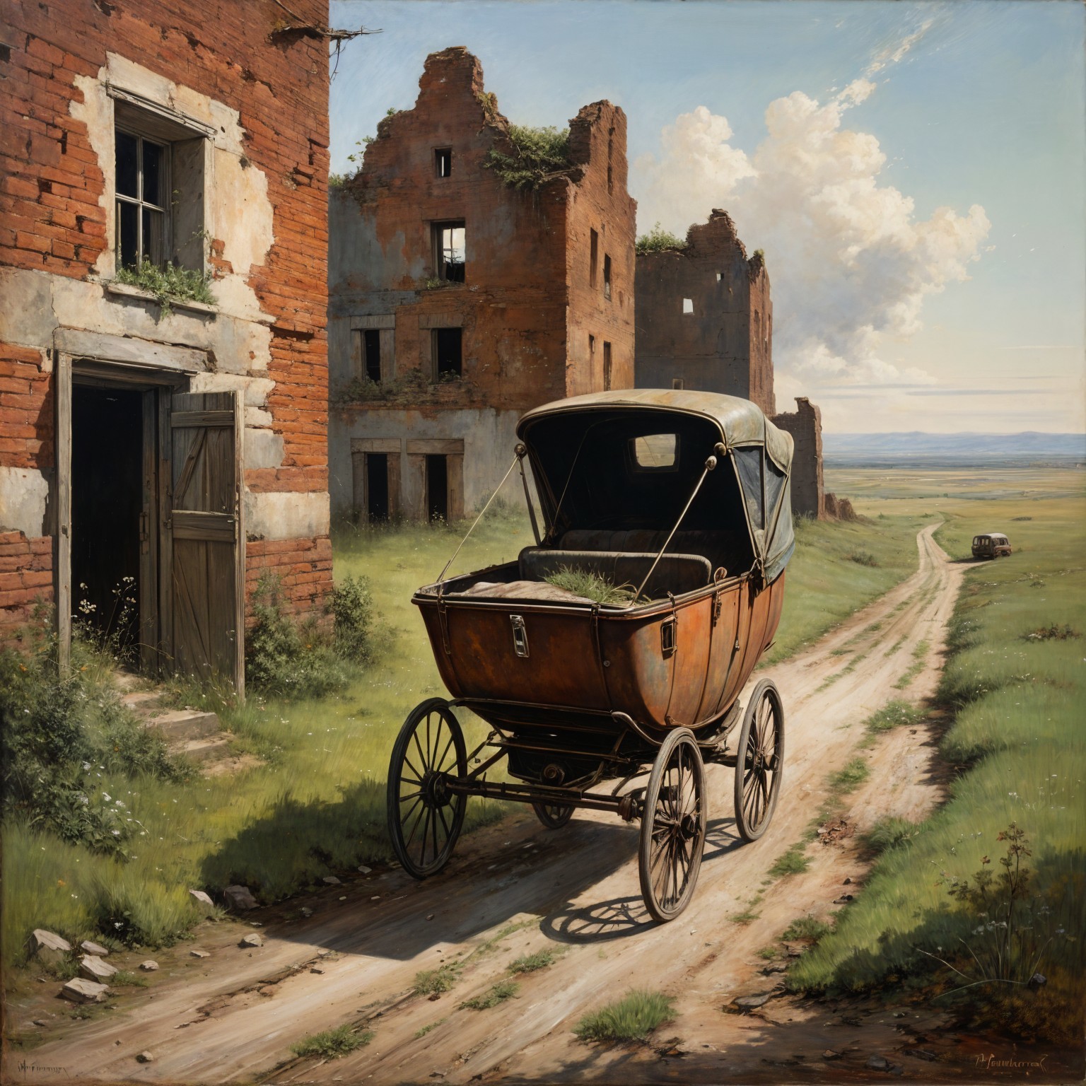 Serene Landscape with Old Carriage and Ruins