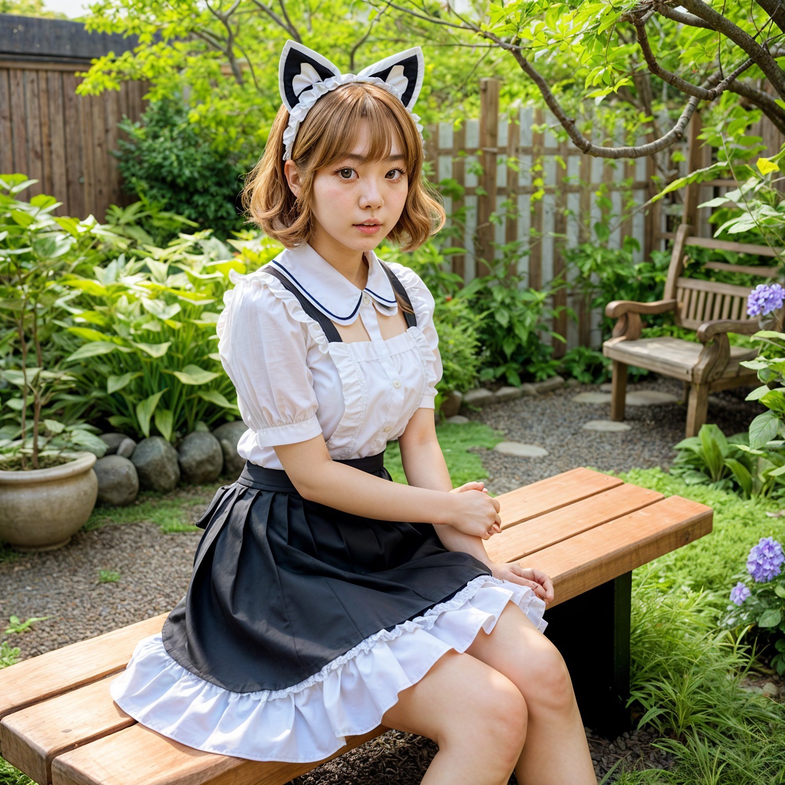 Young woman in maid outfit in a lush garden setting