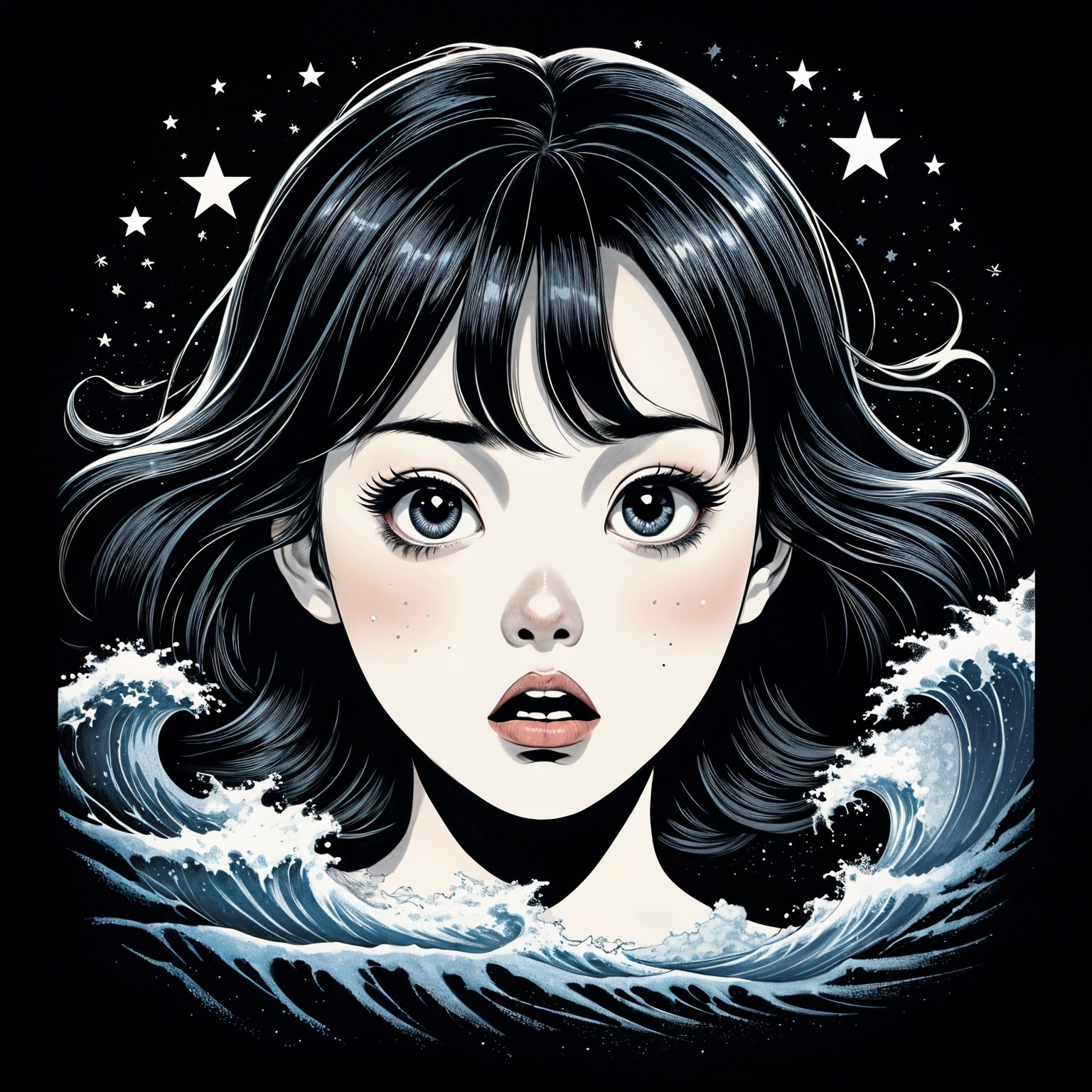 Portrait of a Young Woman with Ocean Waves and Stars