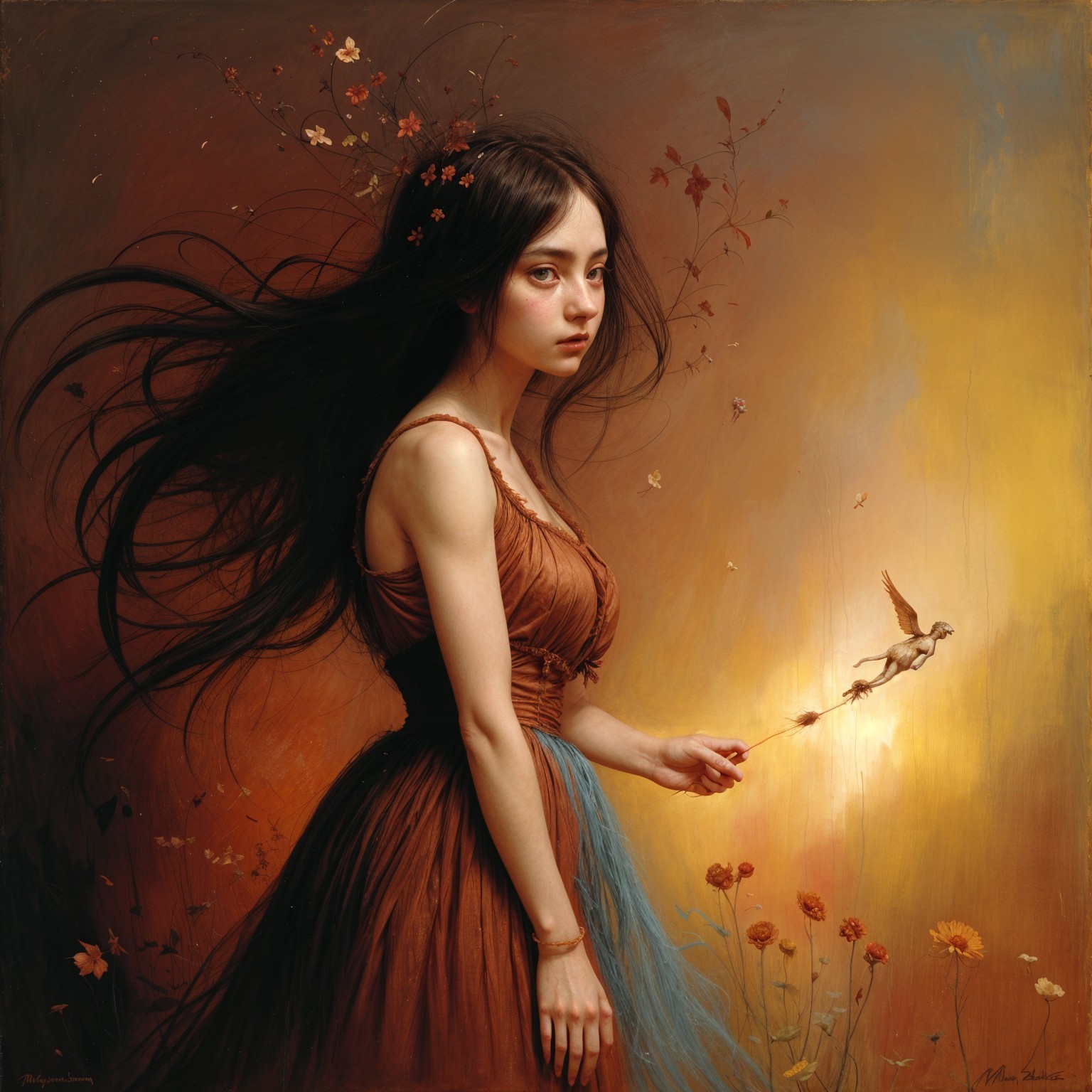 Mystical figure with wand and flowers in ethereal scene