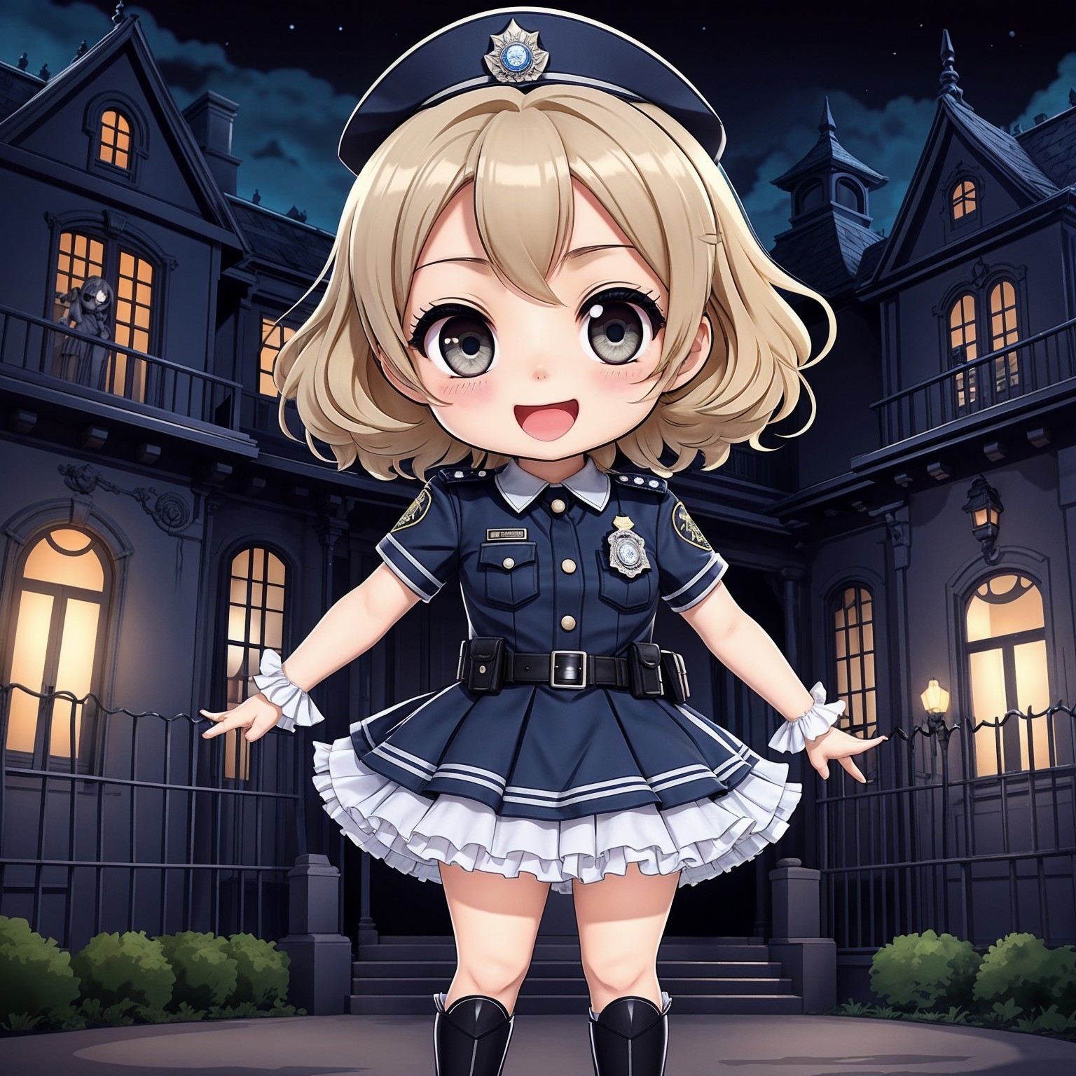 Anime-style girl in police uniform at gothic mansion