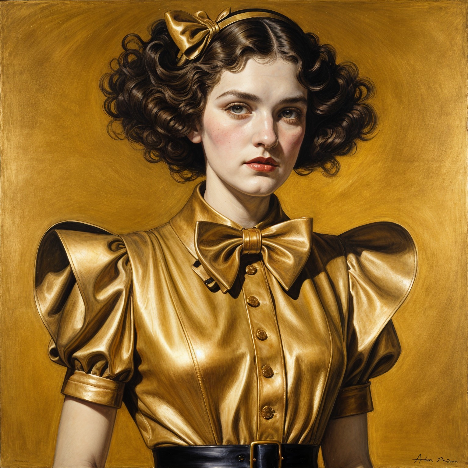 Young woman with curly hair and elegant gold blouse