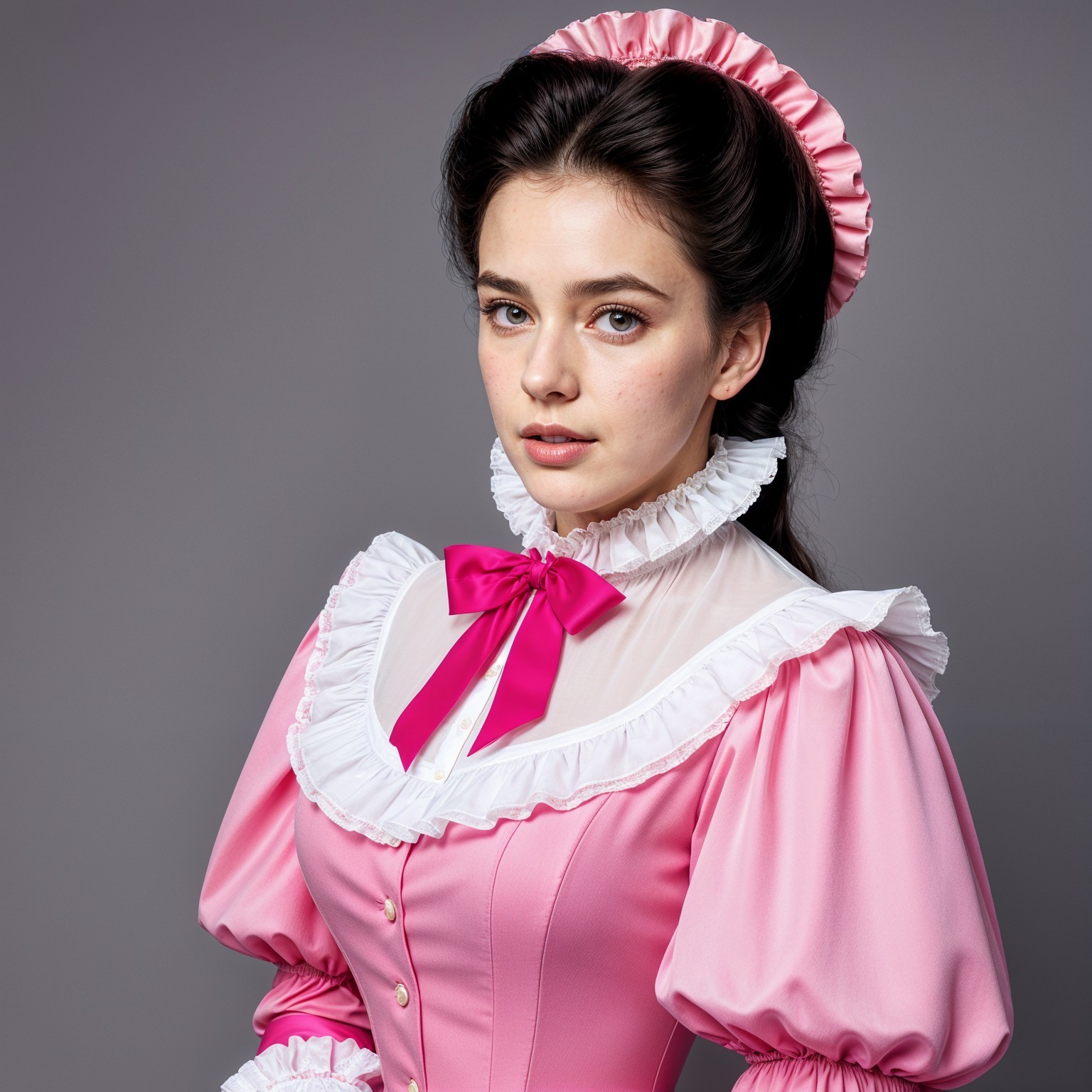 Victorian Pink Dress with Ruffles and Puffed Sleeves