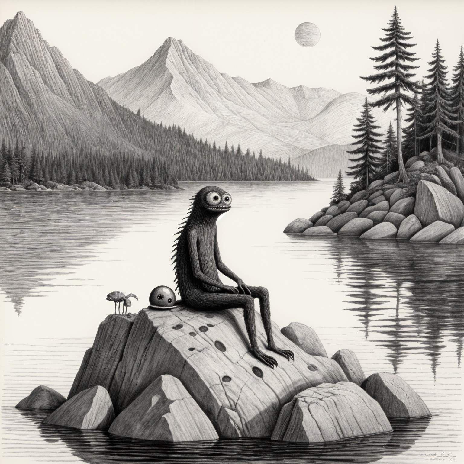 Whimsical Creature by Tranquil Lake in Mountain Landscape