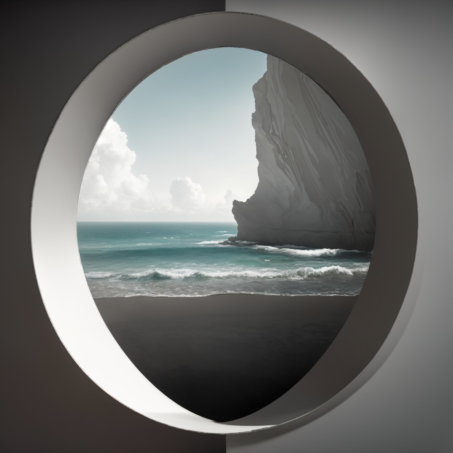 Round Window Frame with Coastal Scene and Cliffs
