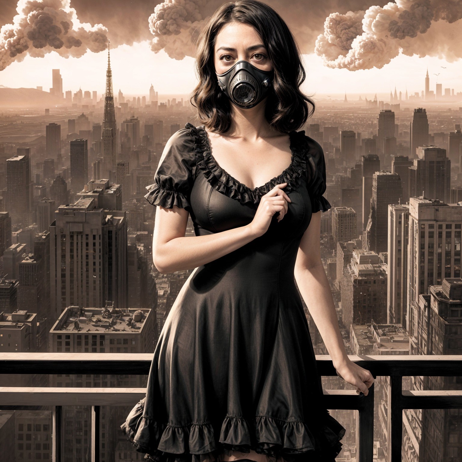 Woman in Black Dress and Gas Mask on Balcony