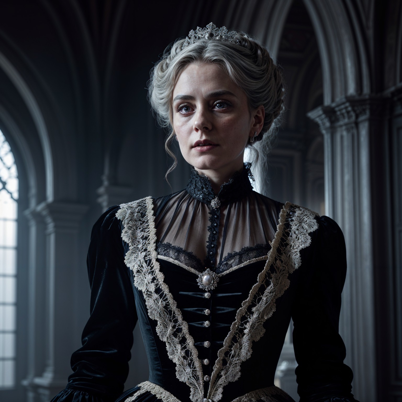 Elegant Woman in Lavish Black Gown in Ornate Room