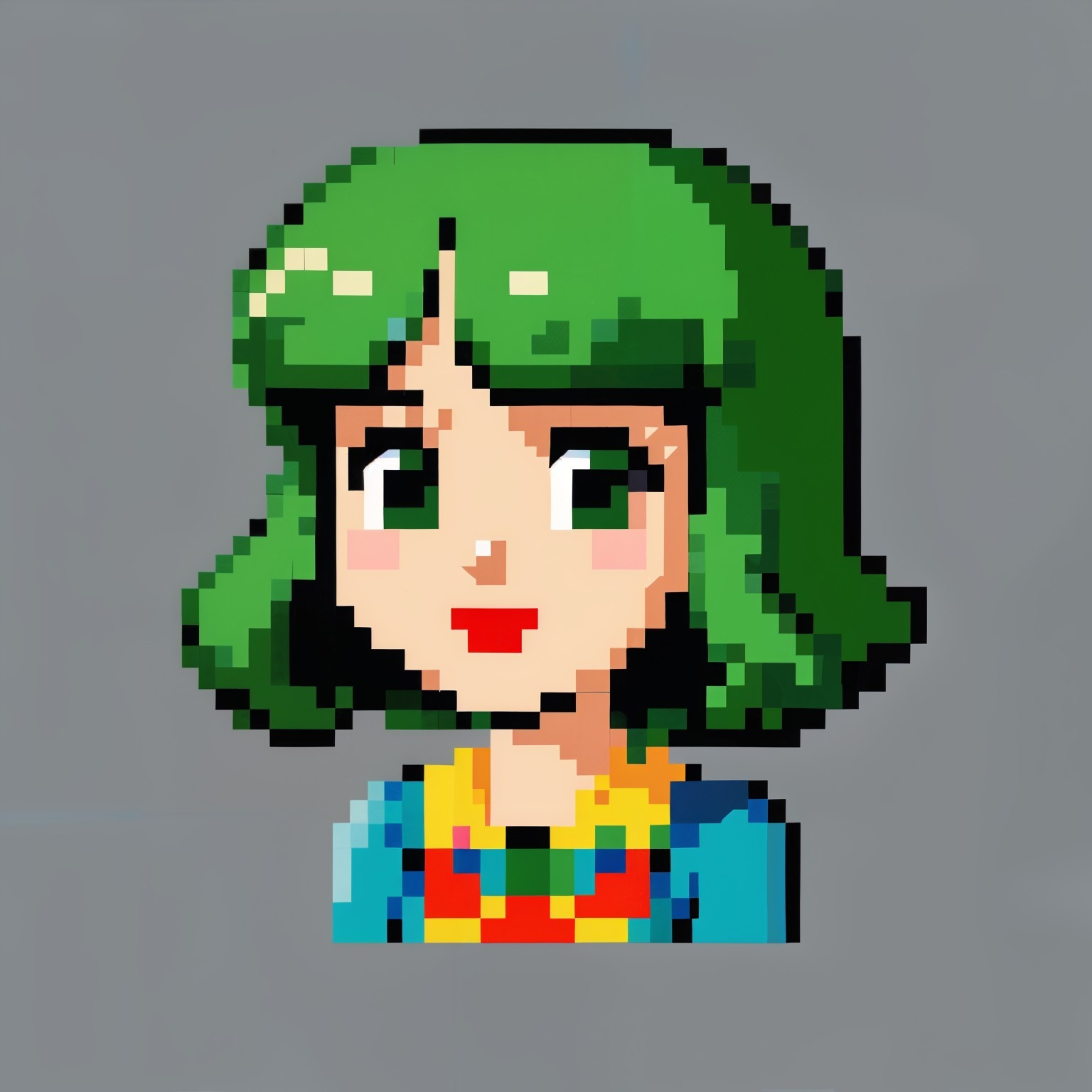 Pixel Art Character with Green Hair and Colorful Dress