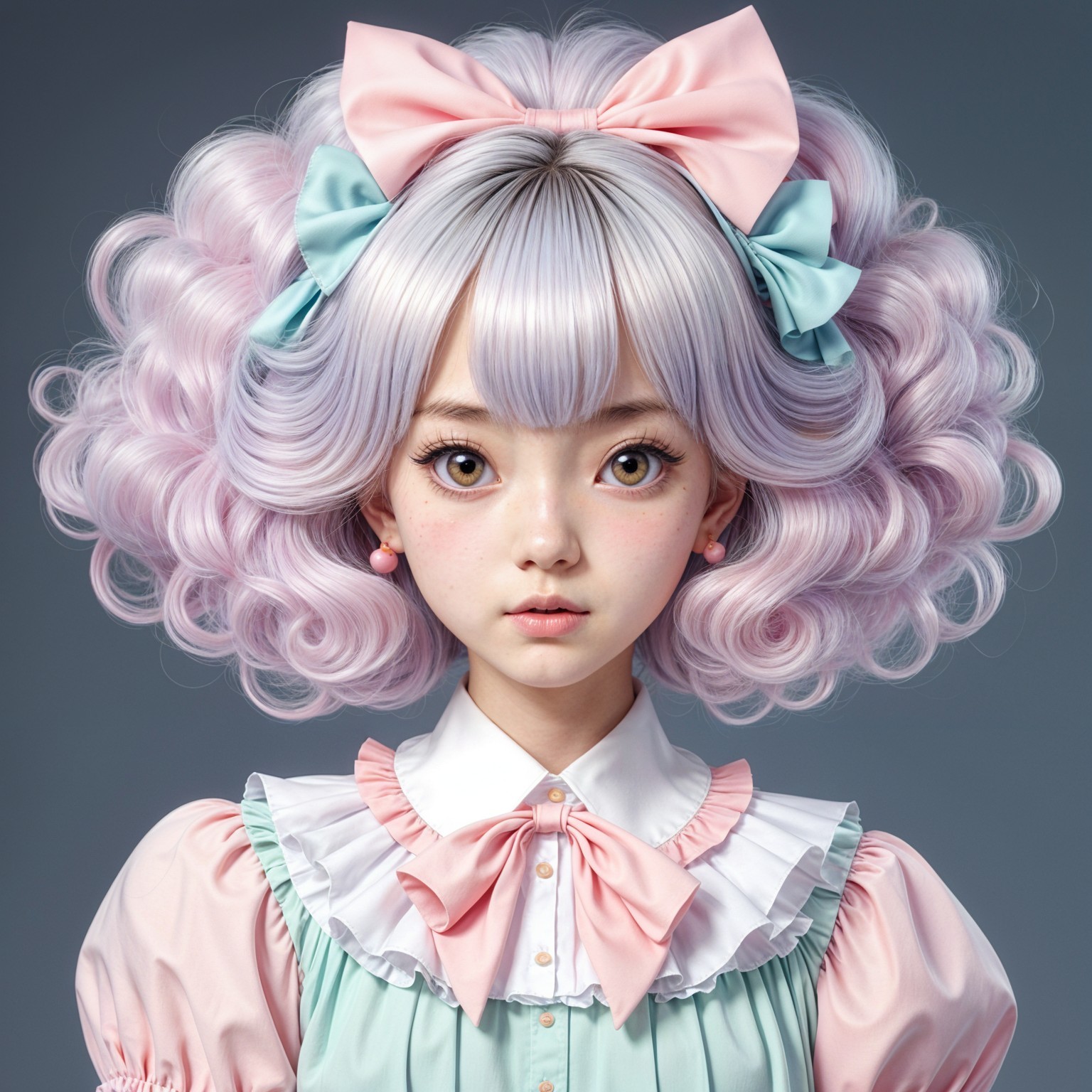 Young girl with pastel curls and frilled blouse