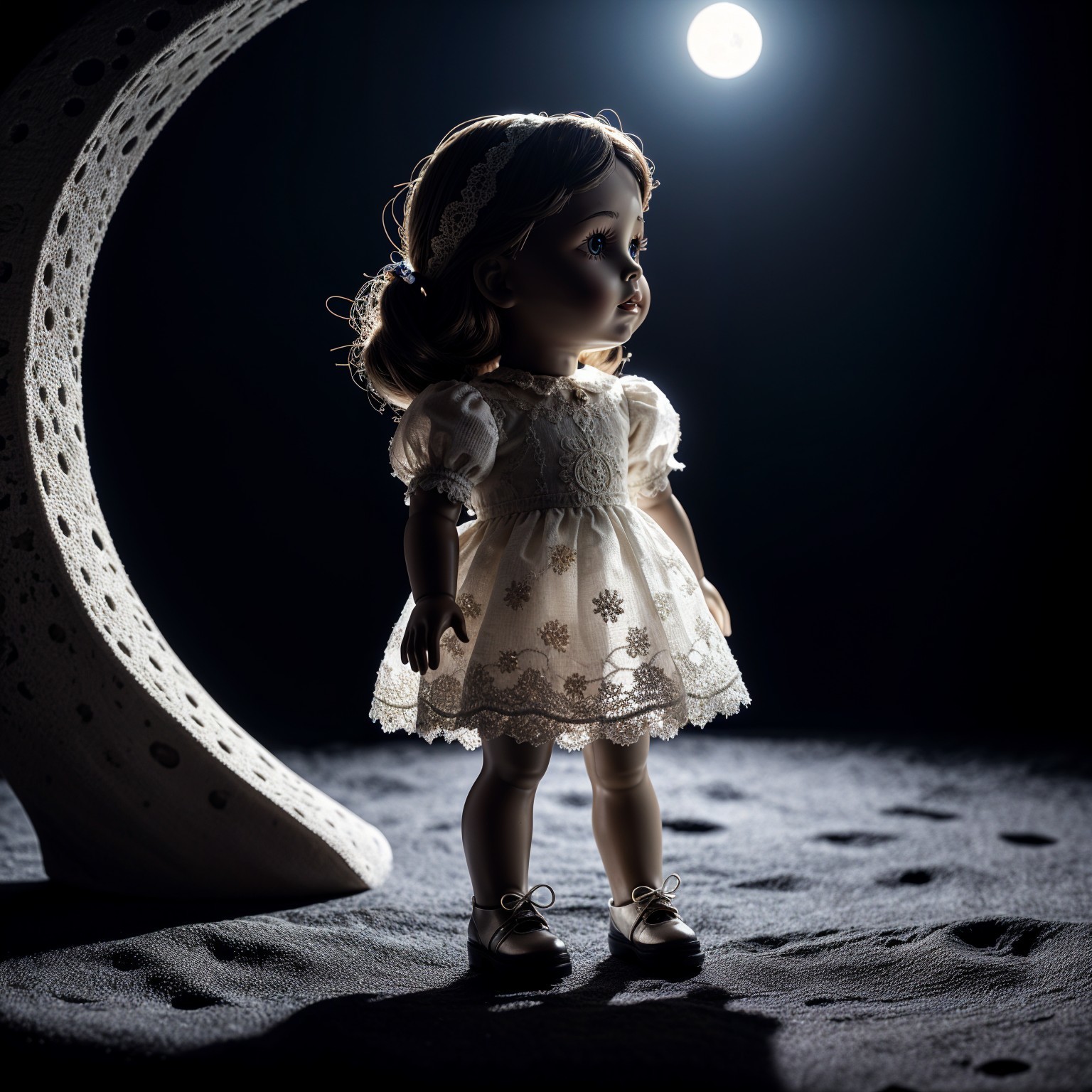 Porcelain Doll in White Dress Under Bright Light