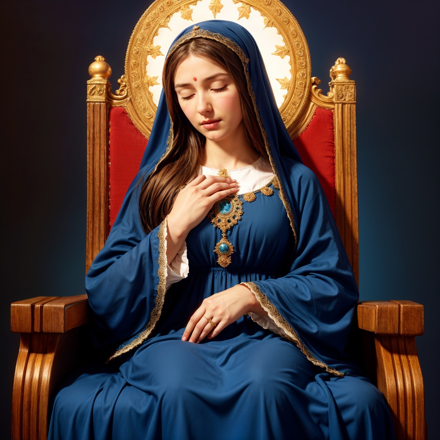 Serene Woman on Ornate Throne in Deep Blue Gown