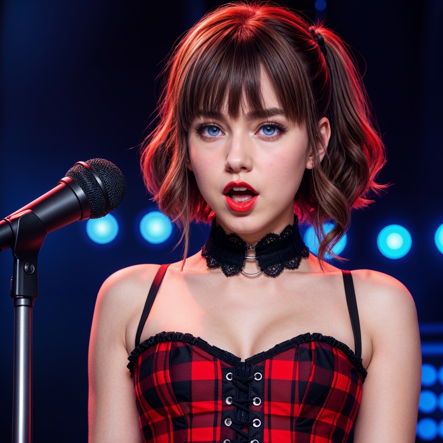 Young woman in plaid corset prepares to perform on stage