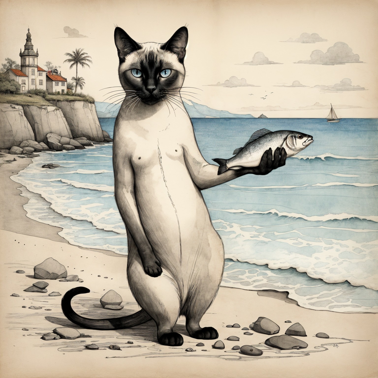 Siamese Cat on Beach with Fish and Coastal Scene