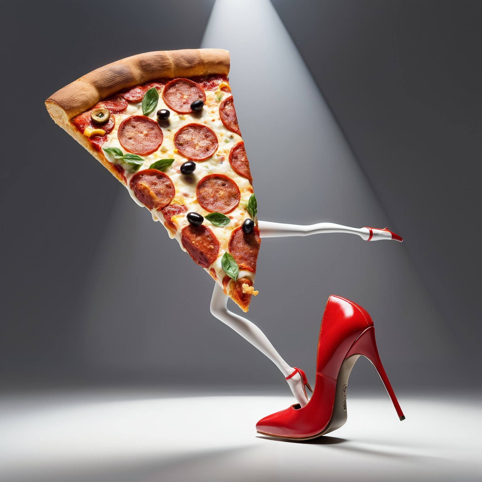 Whimsical Pizza Slice with High Heels in Spotlight