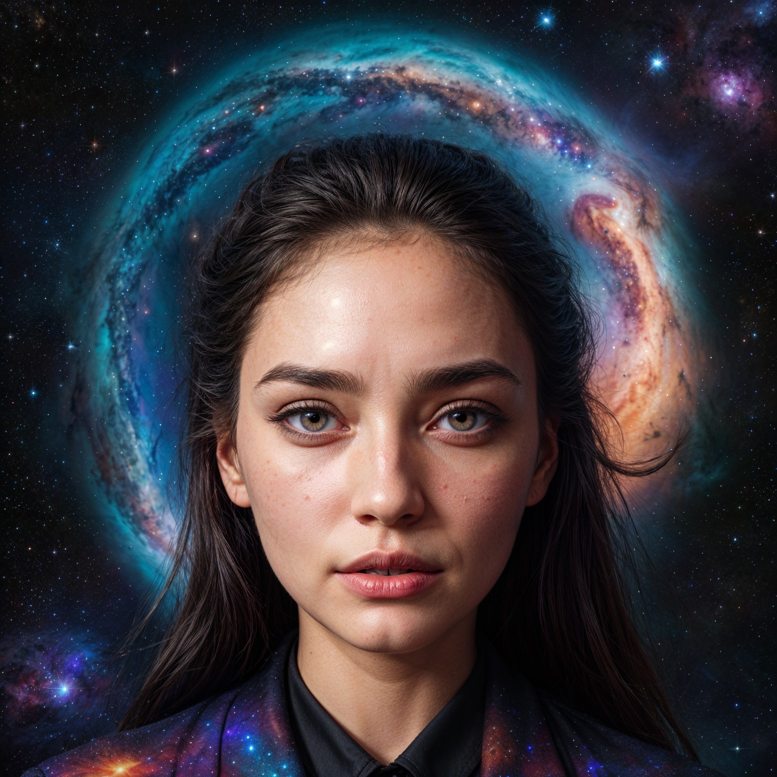 Young woman with cosmic background and captivating eyes