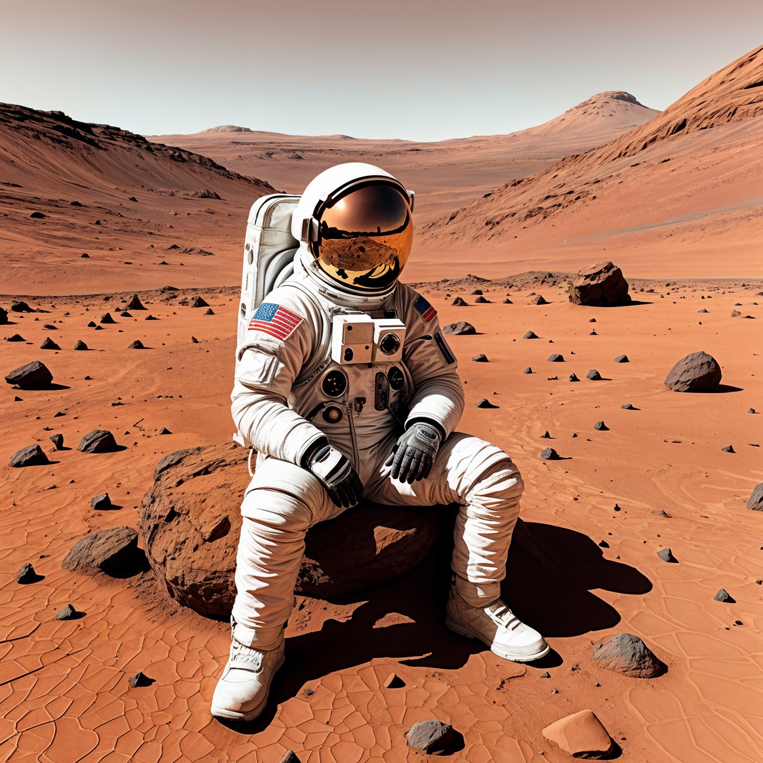 Astronaut on Mars with rocky red landscape backdrop