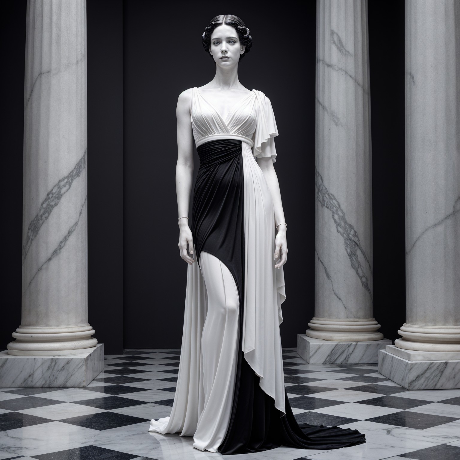 Elegant gown with black and white design in classic setting