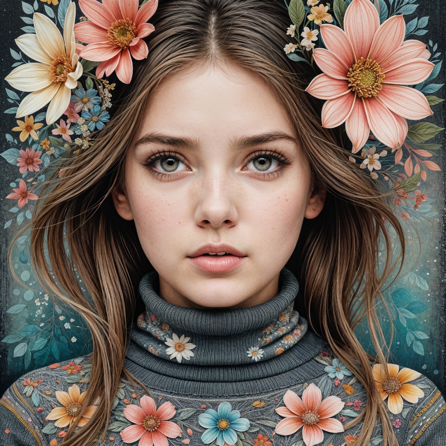 Close-up Portrait of a Young Girl with Flowers