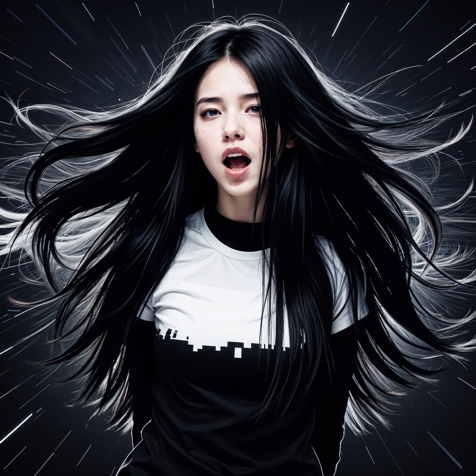 Young woman in dynamic pose with city skyline shirt