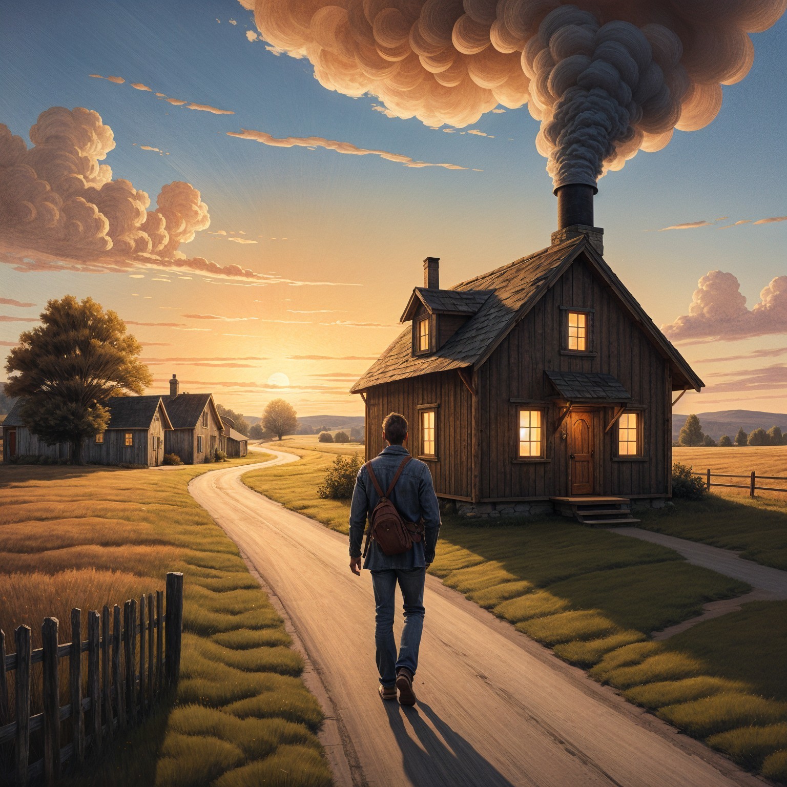 Solitary Figure on Winding Dirt Road at Sunset