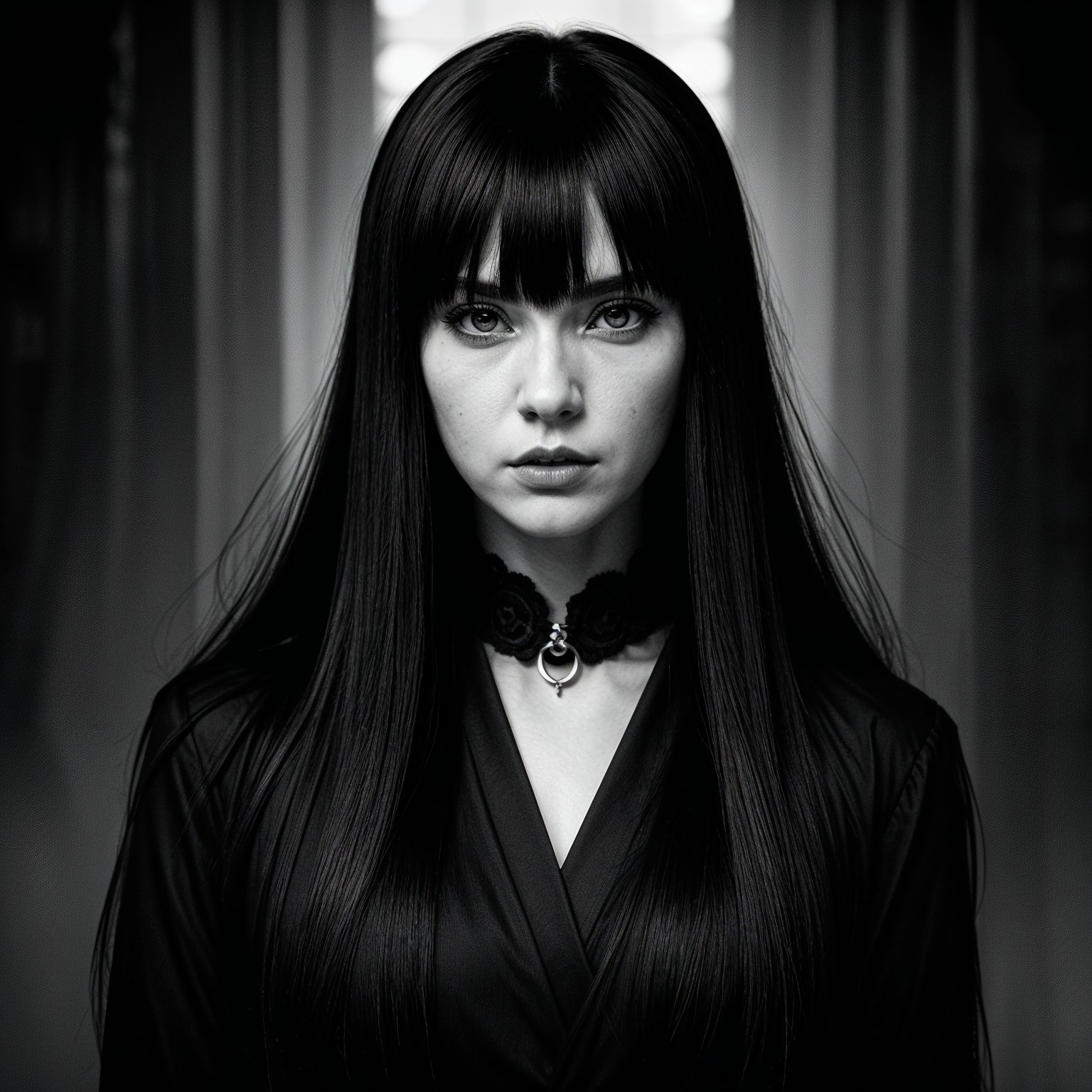 Black and white portrait of a woman with striking features