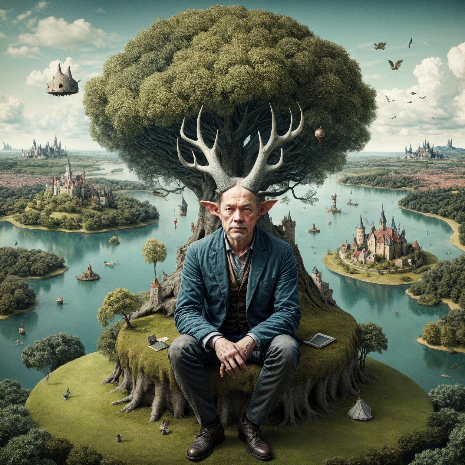 Man with Antlers in Dreamlike Landscape with Castles