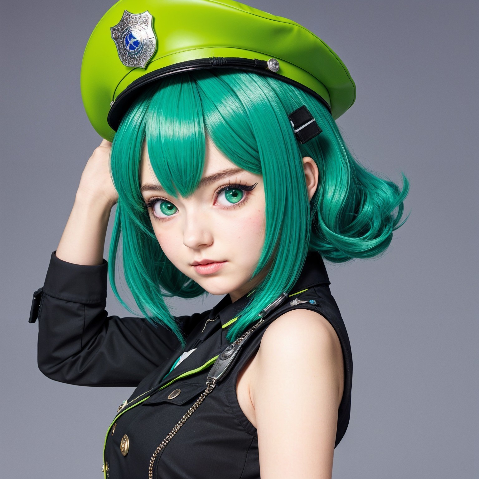 Young woman with green hair in police cap and black outfit
