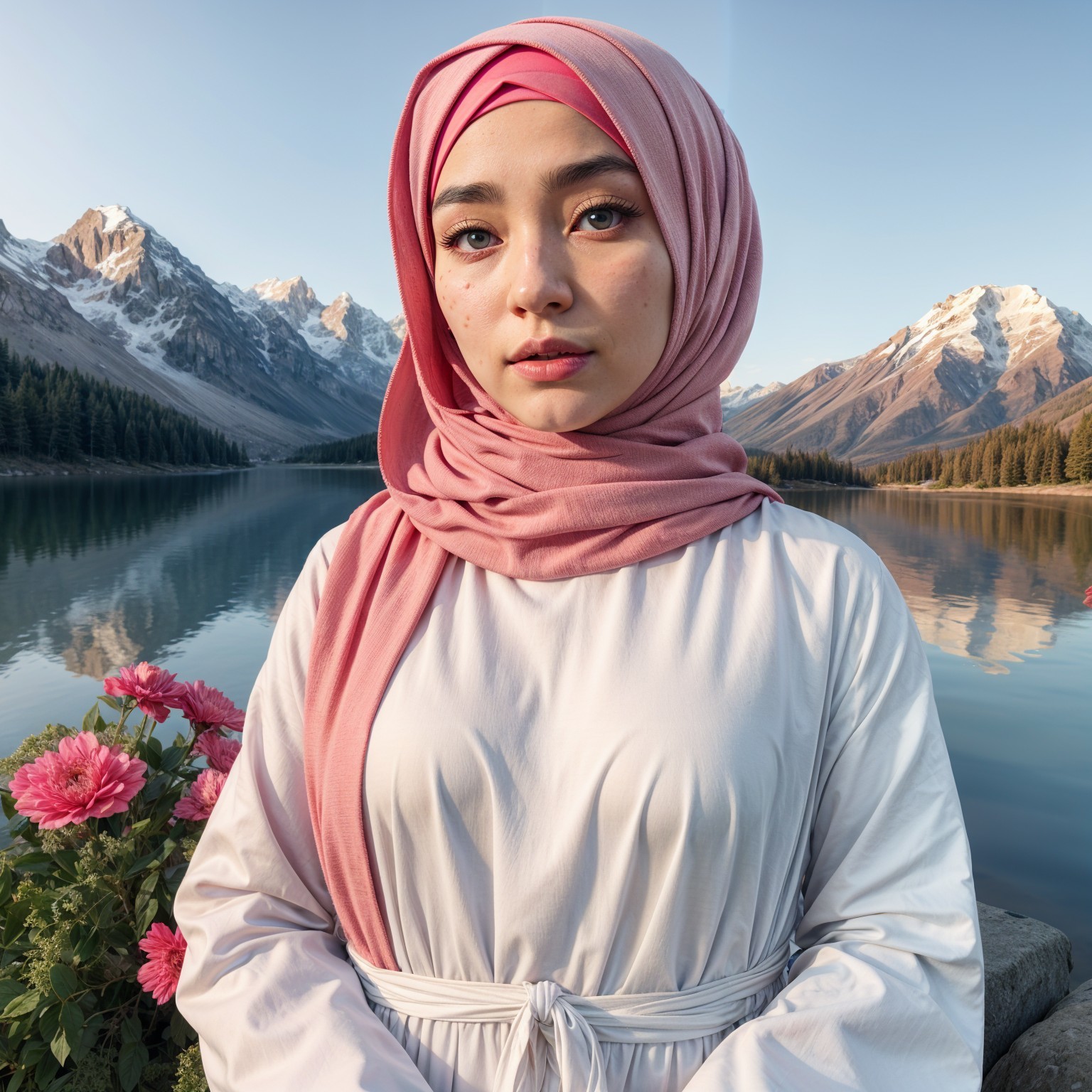 Young Woman in Pink Hijab by Serene Lake and Mountains