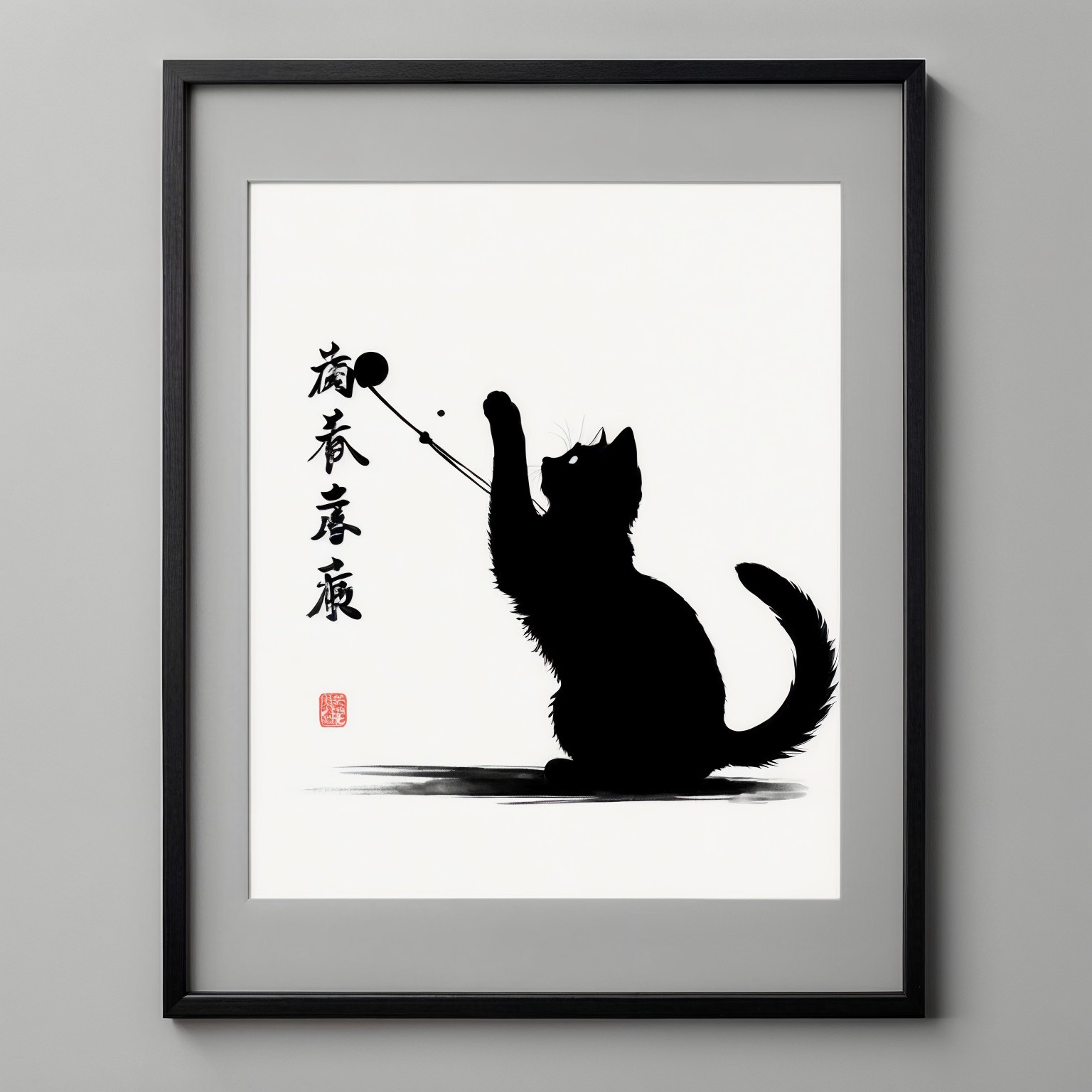 Silhouette of a Cat with Calligraphy and Seal