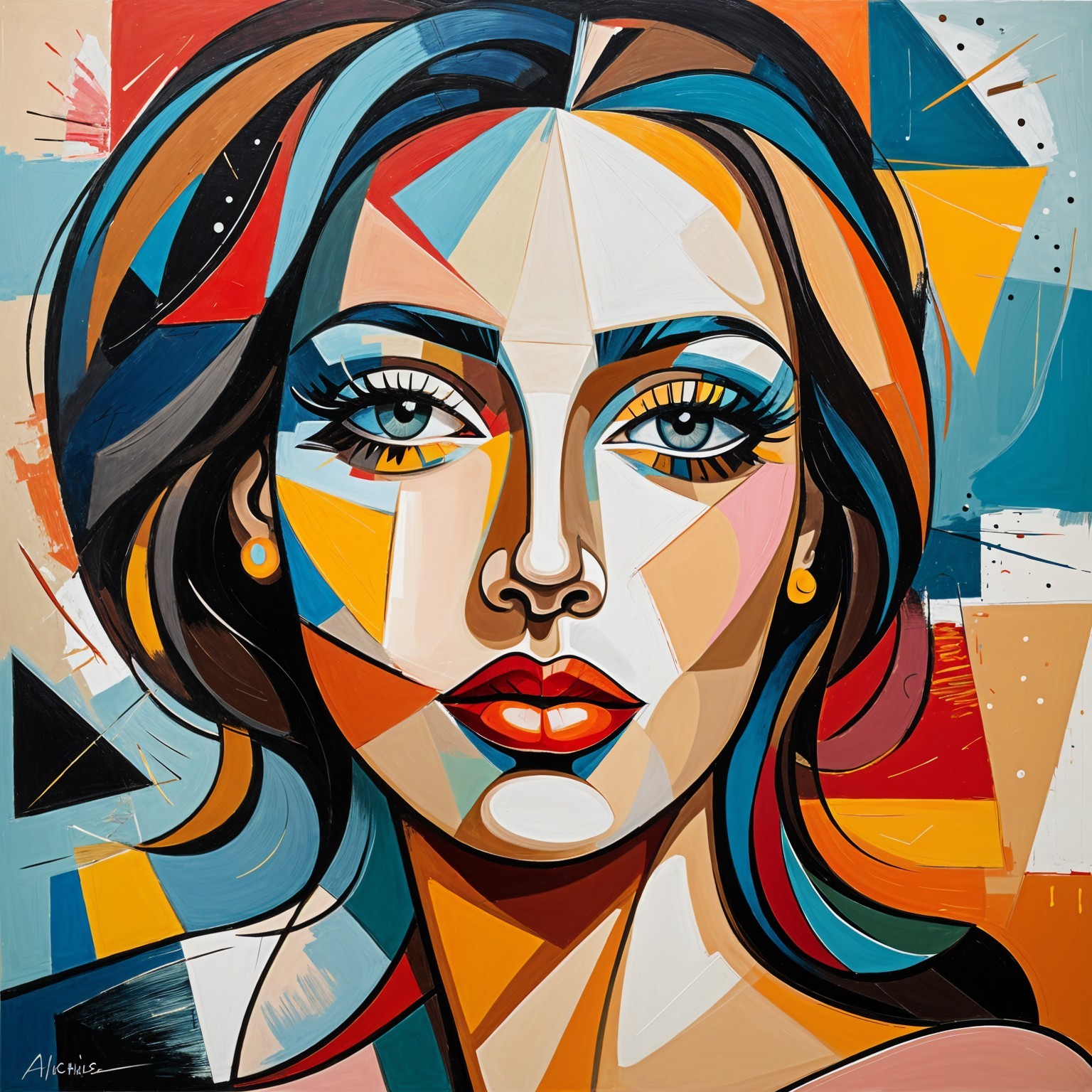 Vibrant Geometric Portrait of a Woman with Blue Eyes