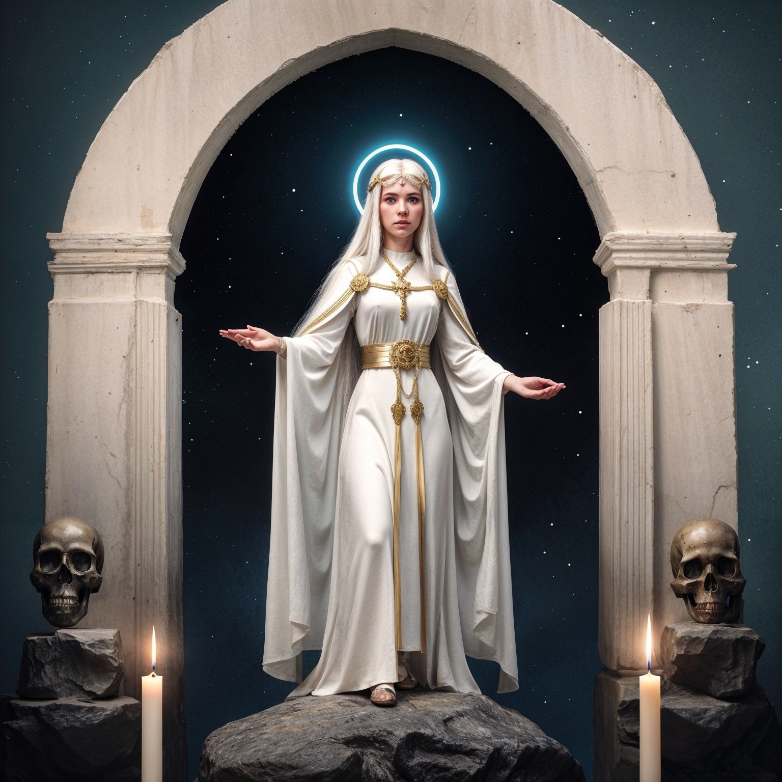 Divine Figure in Archway with Candles and Skulls