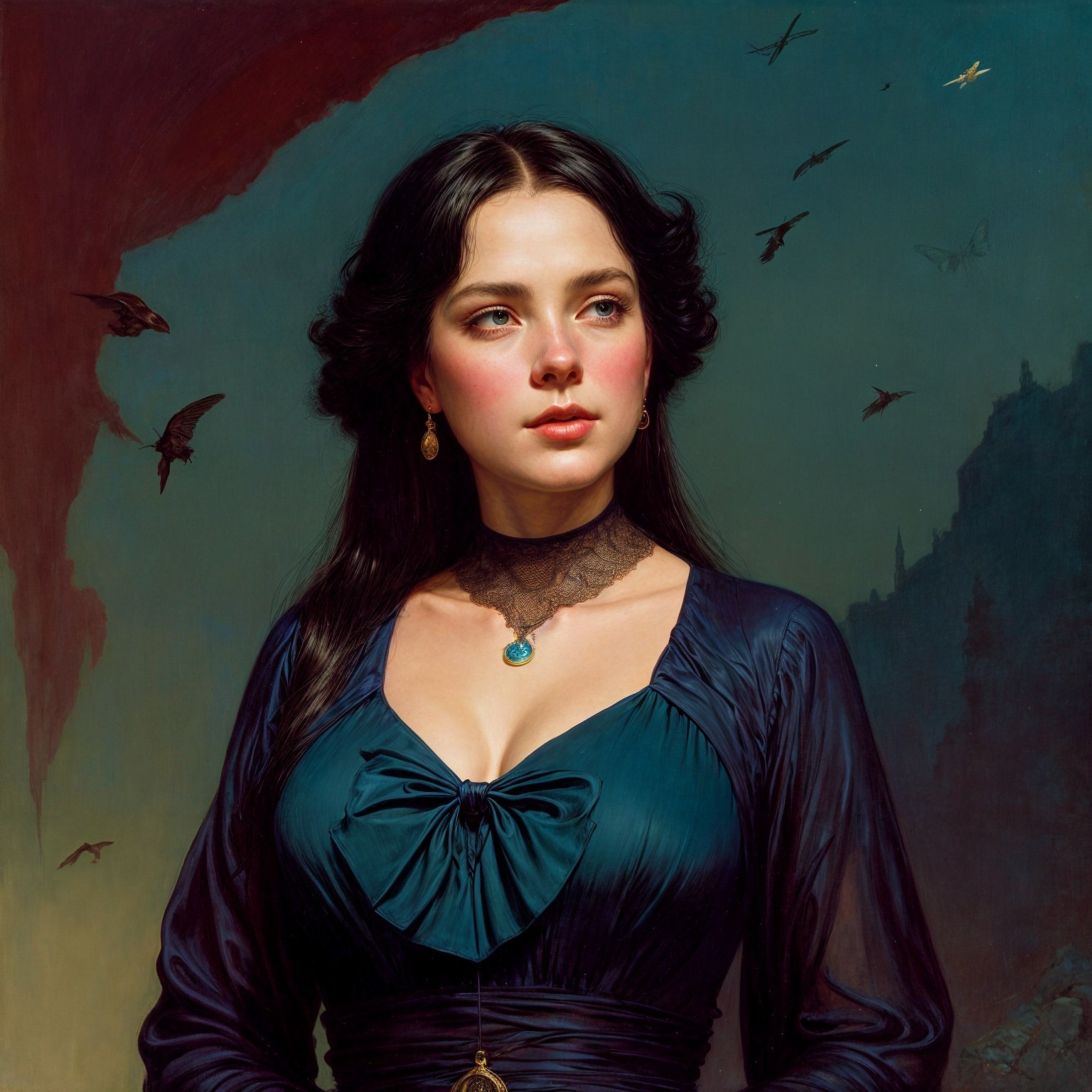 Portrait of a Woman in Blue Dress with Dramatic Sky